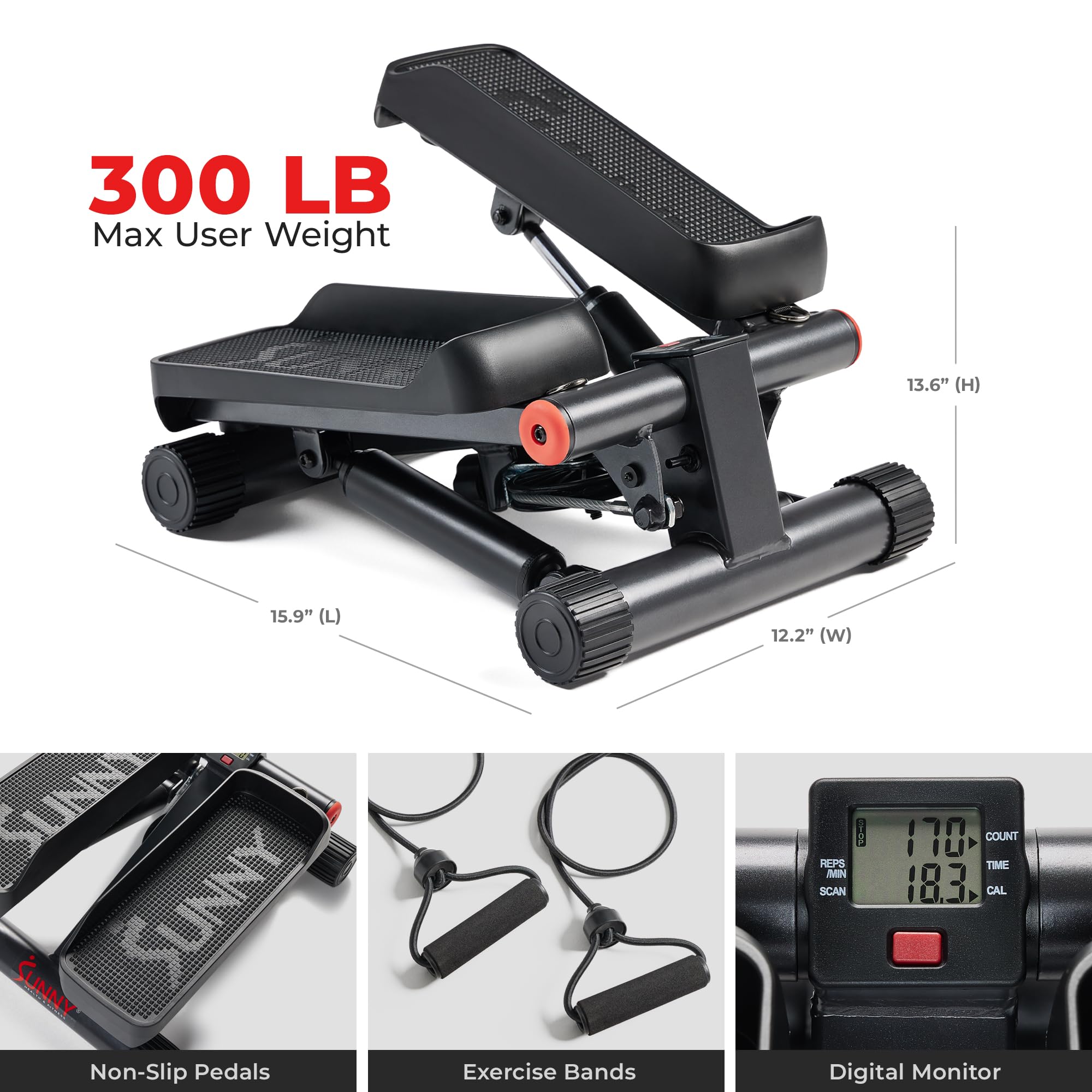 Sunny Health & Fitness Mini Steppers for Exercise at Home, Stair Step Workout Machine with Optional Resistance Bands, Full Body