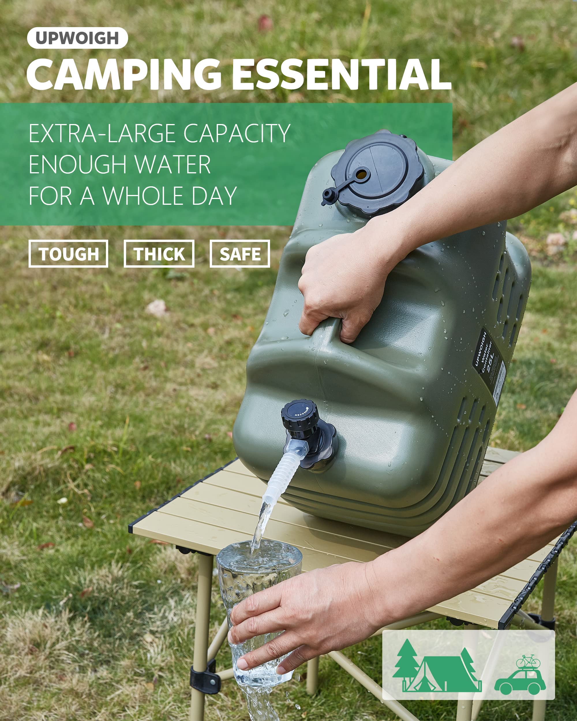 Upwoigh Camping Water Container, 6.6 Gallon Big Water Containers Jug, Truly No Leakage Water Storage, Military Green Water Tank,