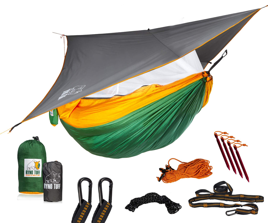 Ryno Tuff Xl 2 Person Camping Hammock With Mosquito Net & Rain Fly - Compact Double Hammock With Bug Net, Tarp, Pocket, Tree Str