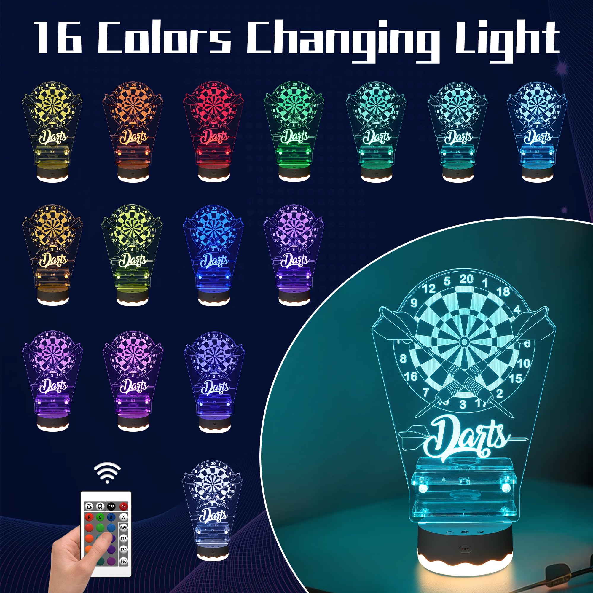Coolgift Mart Light Up Dart Holder, 16 Colors Changing Lights Acrylic Dart Holder Stand With Remote Control, Birthday Christmas
