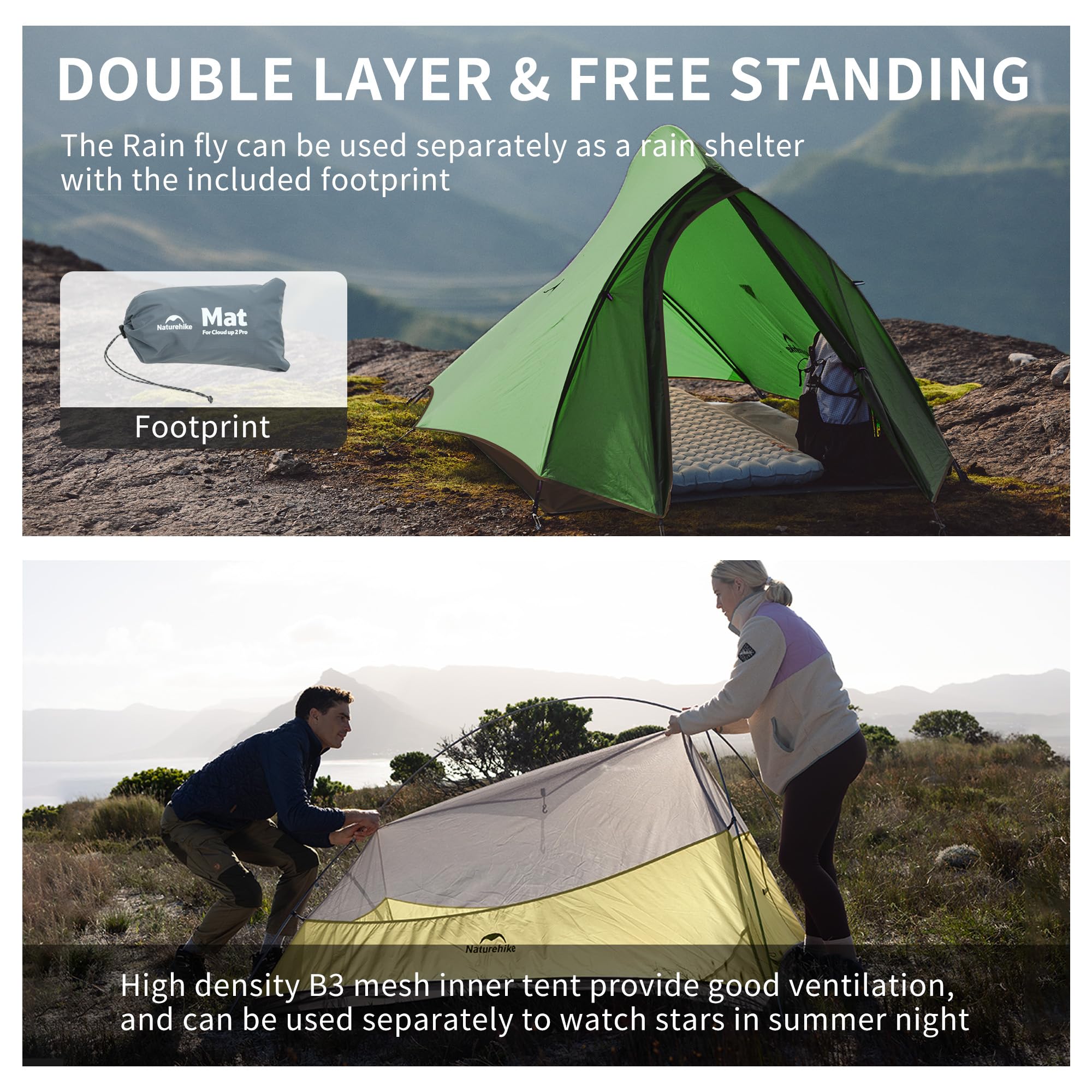 Naturehike Cloud Up Pro Backpacking Tent, Double Layer Waterproof 2 Person Tent With Footprint, Free Standing Lightweight Two Pe
