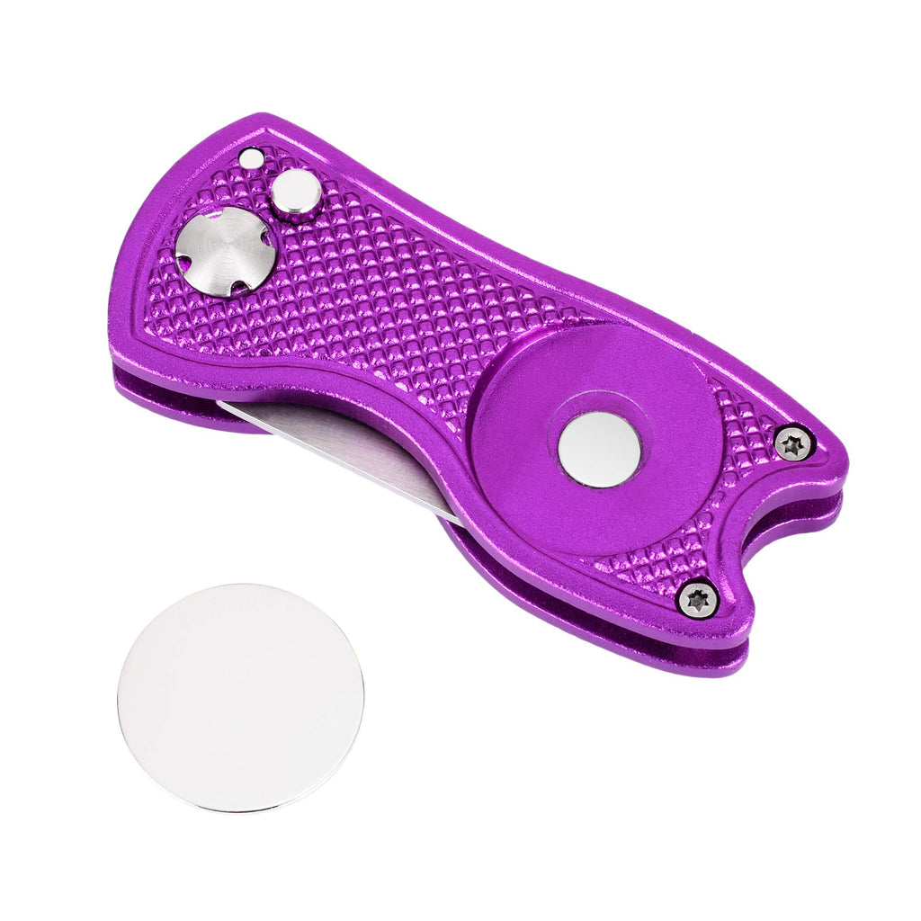 Mile High Life All Metal Foldable Golf Divot Tool With Pop-Up Button & Magnetic Ball Marker (Purple Fish)