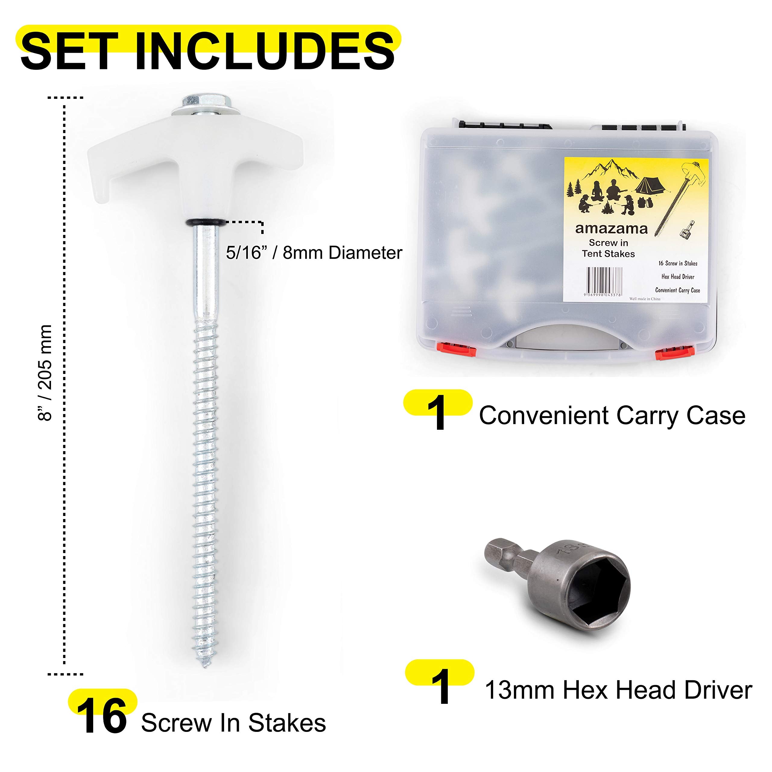 Amazama Tent Stakes - 16 Heavy-Duty Ground Screw Anchor Pegs - Galvanized - Non Rust - Perfect For Yard, Garden, Awning & Canopy