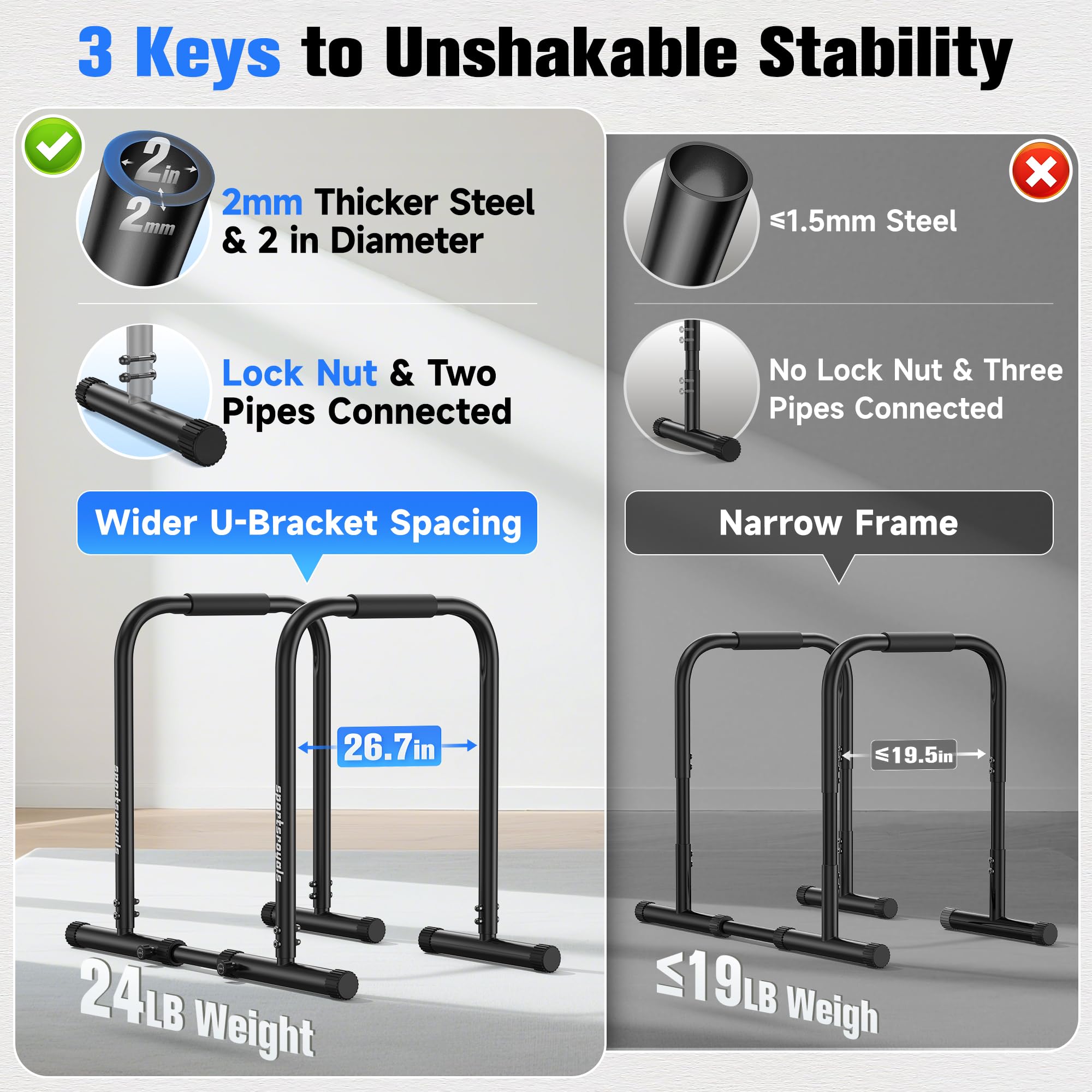 Sportsroyals Adjustable Dip Bar Station, Heavy Duty Parallette & Parallel Bars, 400LBS Stable Dip Stands for Home Gym, Calisthen