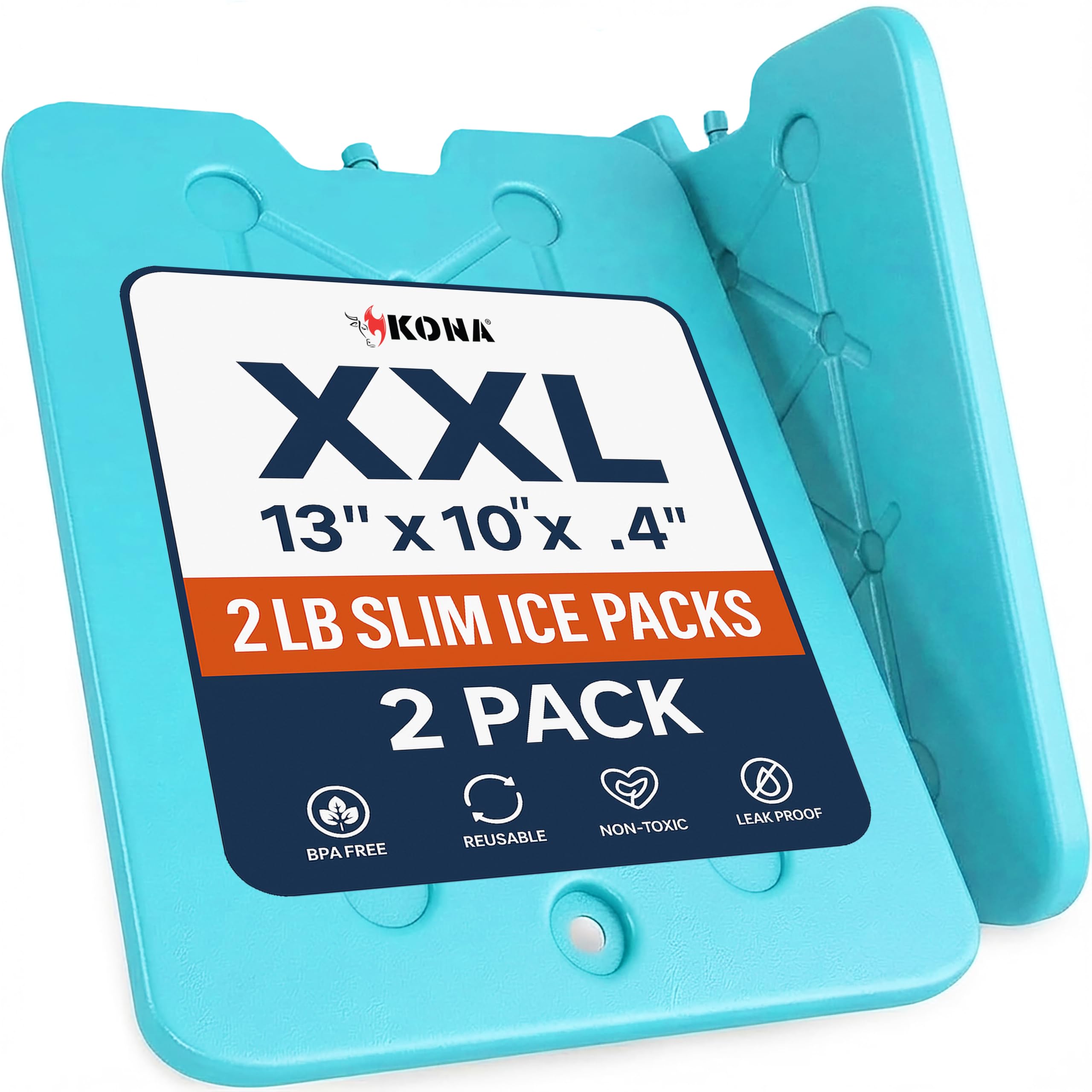 Kona XXL Ice Packs for Coolers- 2 lb Reusable Slim Freezer Pack, Long-Lasting Dry Ice Alternative for Cooler Bags, 13x10 Inch, F