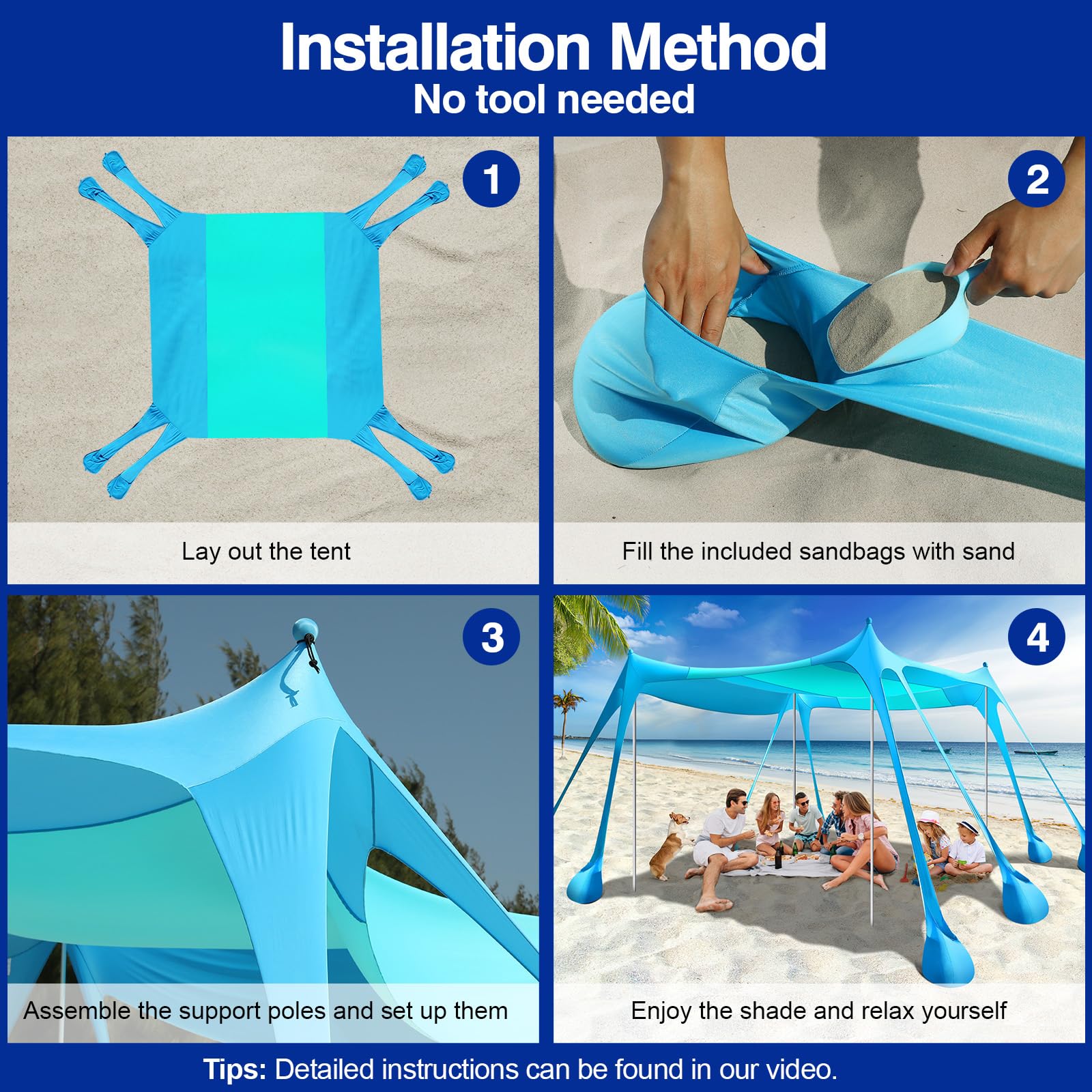 Rhino Valley Beach Tent, 10 X 10 Ft Beach Shade Upf50+ Protection, Beachcanopy With 8 Sandbags 4 Stability Poles, Outdoor Beacht