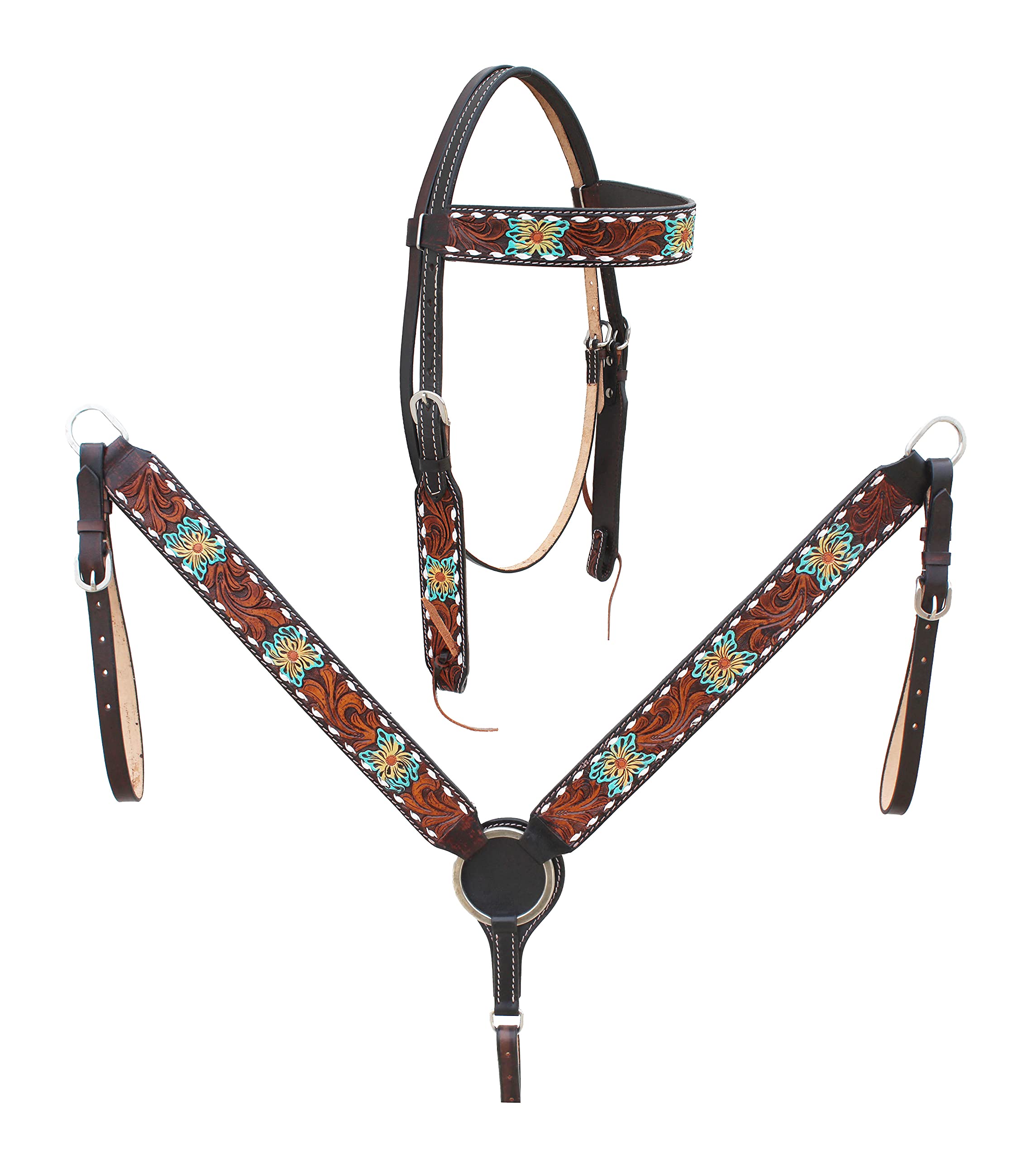 Challenger Horse Western Floral Tooled Laced Browband Tack Set Bridle Headstall Breast Collar 78Hr05B
