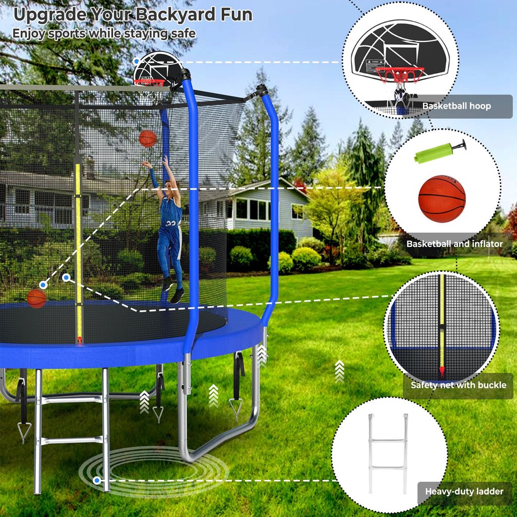 Lyromix Upgraded 8FT Trampoline for Kids and Adults, Large Outdoor Trampoline with Basketball,Stakes, Light, Sprinkler,Basketbal