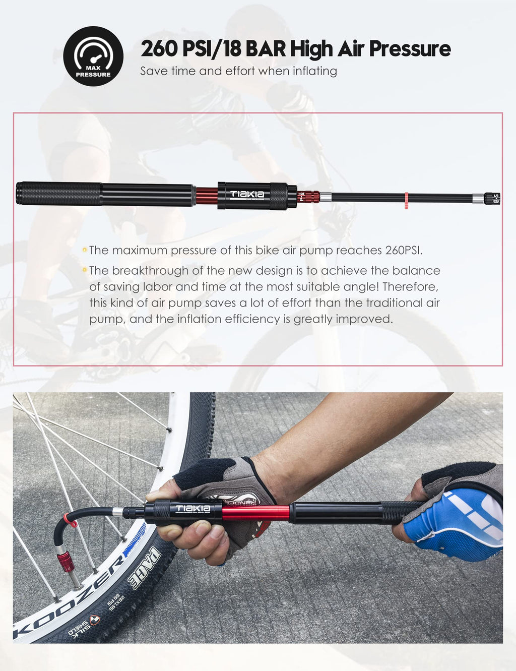 Tiakia Mini Bike Pump,Portable Compact Bicycle Pump,High Pressure Frame Pump 260Psi- Air Hand Pump Fit Presta, Schrader & Woods