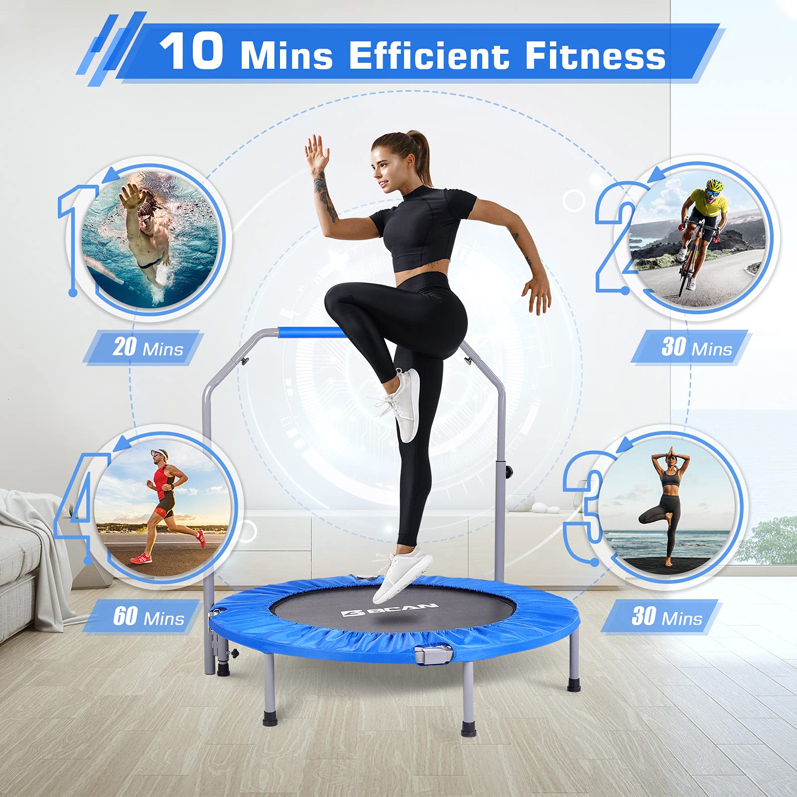 Bcan 40'' Foldable Mini Trampoline, Fitness Rebounder With Adjustable Foam Handle, Exercise Trampoline For Adults Indoor/Garden