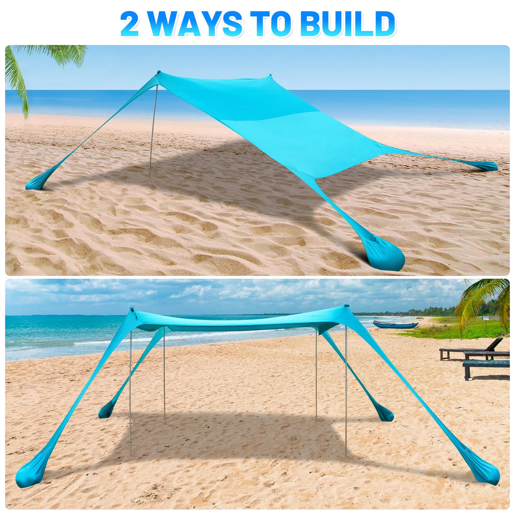 Botindo Family Beach Tent Canopy Sun Shade, Pop Up Grande Beach Tent Sun Shelter Stability 4 Poles With Portable Carry Bag Outdo
