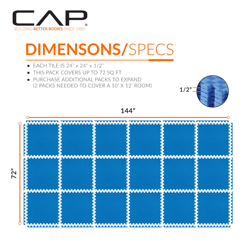 Cap Barbell 1/2-Inch Interlocking Eva Foam Exercise Puzzle Mats - 3 Pack | 24'' X 24'' X 1/2'' | Tatami Pattern - Blue