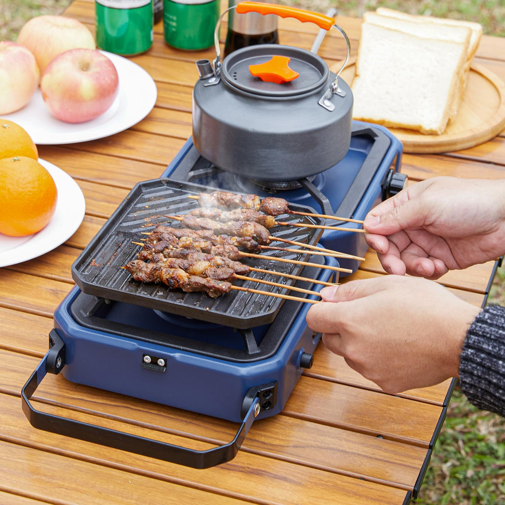 Upgraded Winkiza 2 Burner Propane Camping Stove With Grill, Foldable Camp Stove With 16,000 Btu, Two Adjustable Burners With Pie