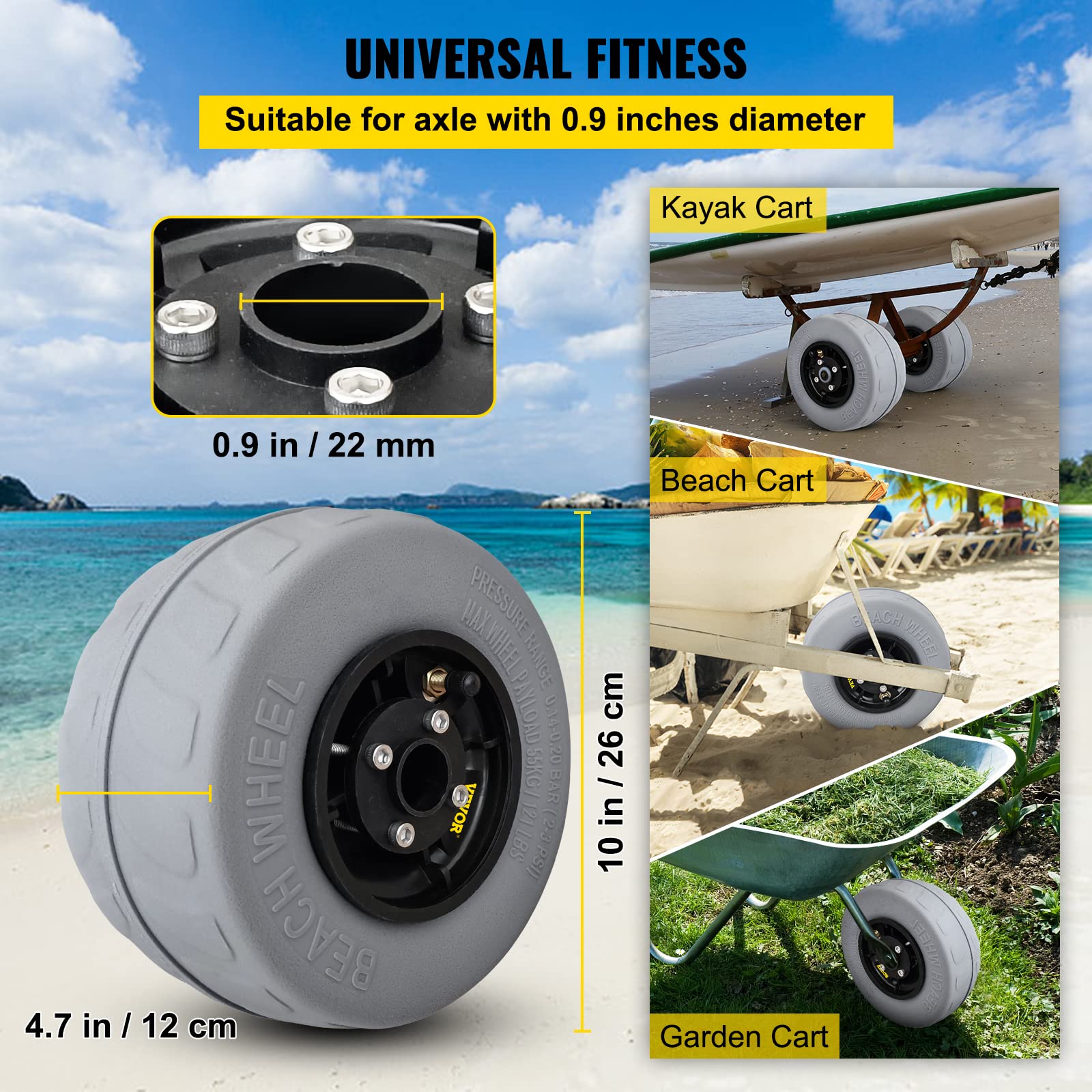Vevor Beach Balloon Wheels, 9'' Replacement Sand Tires, Pvc Cart Tires For Kayak Dolly, Canoe Cart And Buggy W/Free Air Pump, 2-
