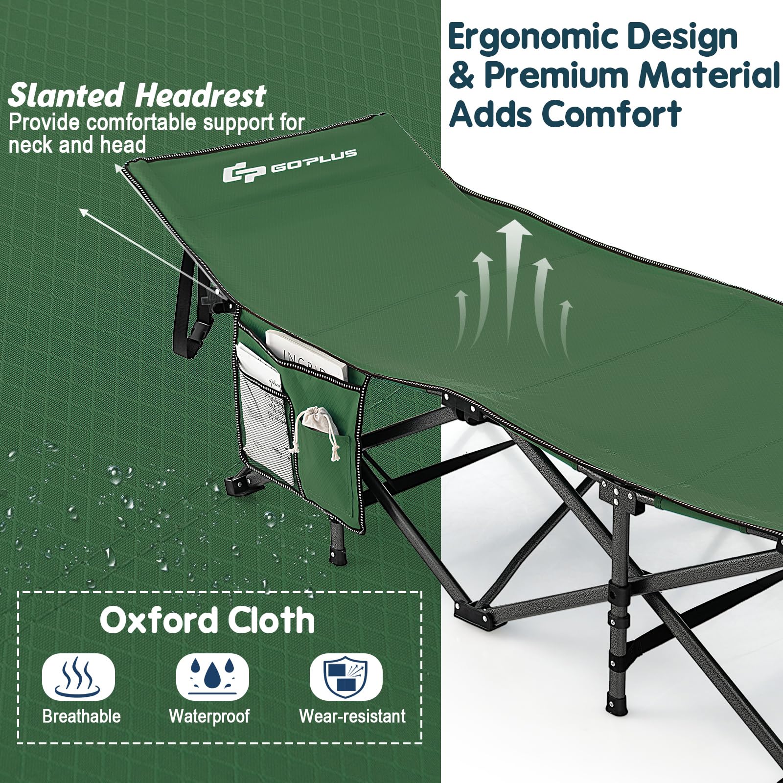 Goplus Folding Camping Cot, 27.5'' Sleeping Cot For Adults With Carry Bag, 600Lbs Weight Capacity, Slanted Head, Side Pocket, He
