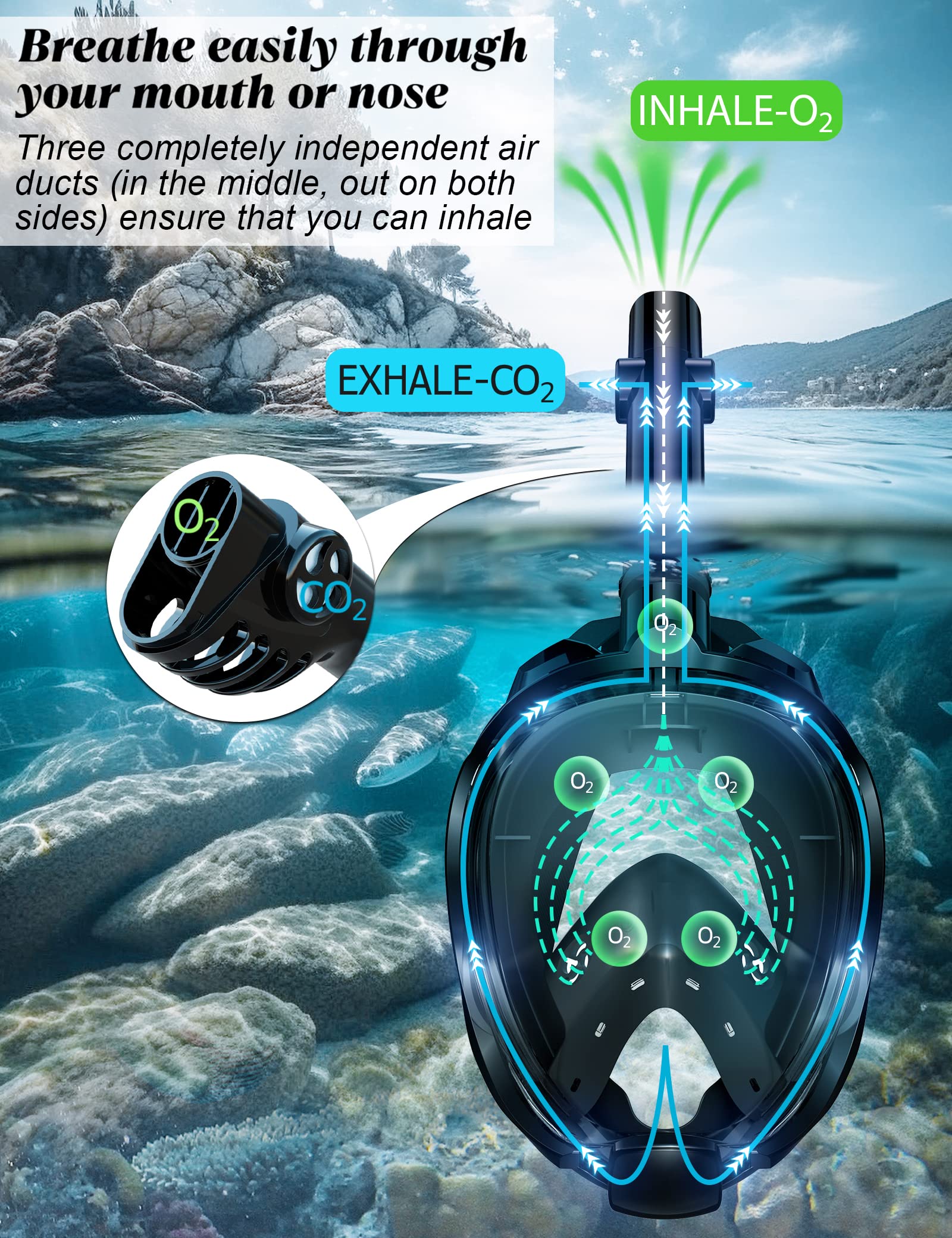 W WSTOO Full Face Snorkel Mask Adults,Suitable for Beginners Dry Top Snorkeling Gear,Can Your Mouth or Nose to Breathe,180 Degre