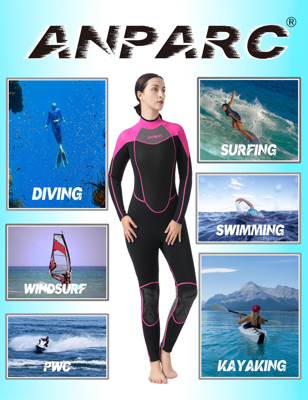 Anparc Wetsuit Women 3Mm Neoprene Full Body Wet Suit, Cold Water Wetsuit With Back Zipper, Suitable For Diving, Swimming, Surfin