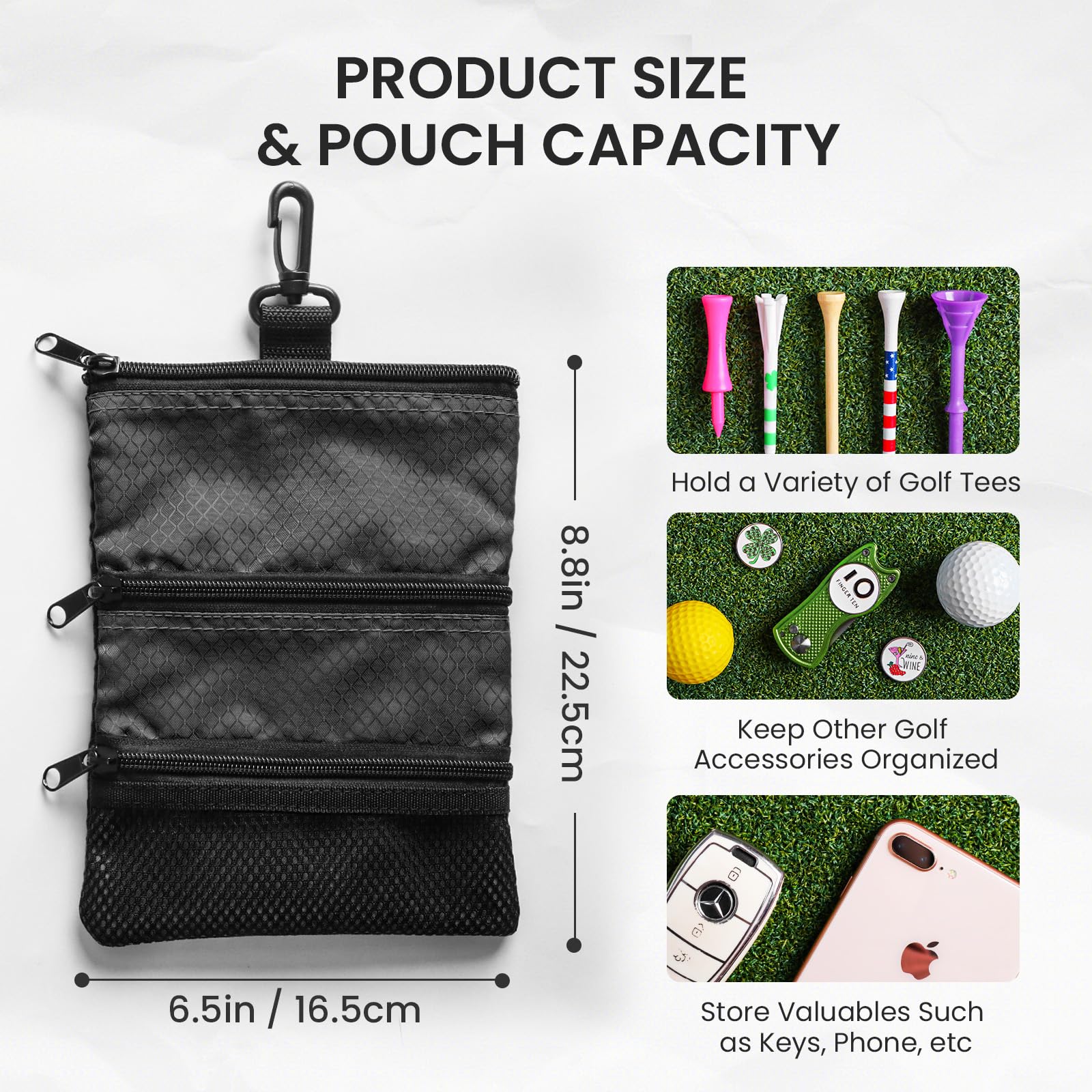 Finger Ten Golf Pouch Bag For Valuables Tee Color With 4 Golf Pencil Pack, Zippered Pocket Gear Clip Hook To Bag (Black Pouch Ba