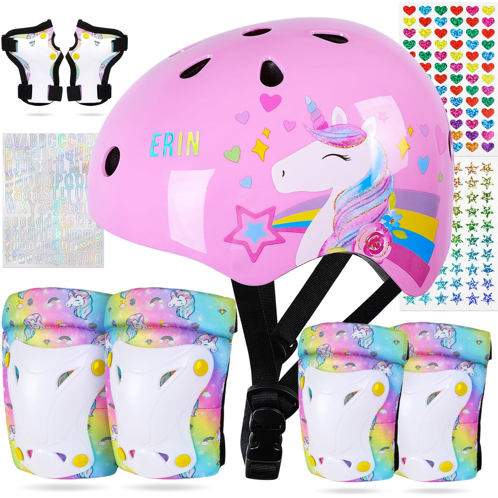 FIODAY Kids Bike Helmet, Toddler Helmet Knee and Elbow Pads Wrist Guards Adjustable Protective Gear Set with DIY Sticker for Gir