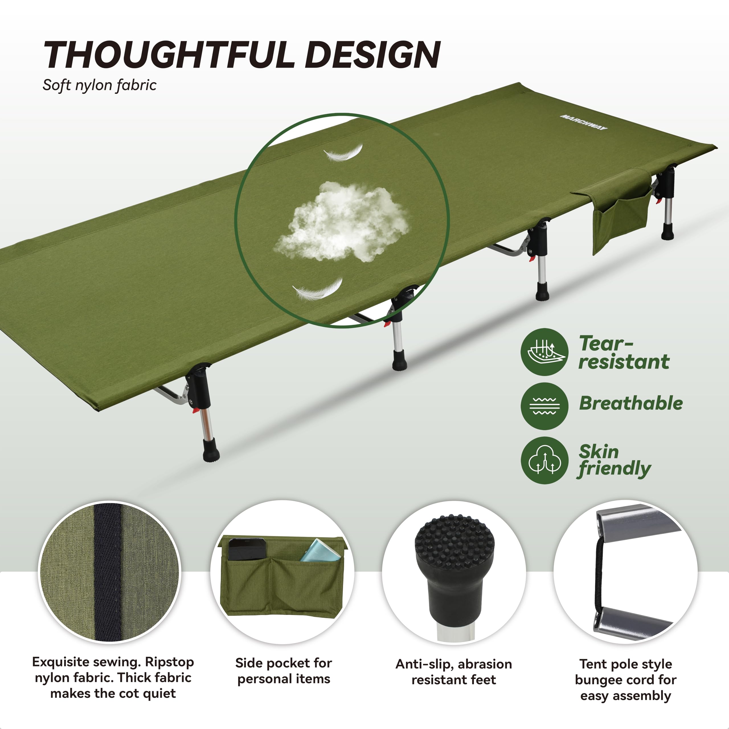 Marchway Lightweight Folding Tent Camping Cot Bed With Lever Lock, Easy Setup Portable Compact For Outdoor Travel, Hunting, Hiki
