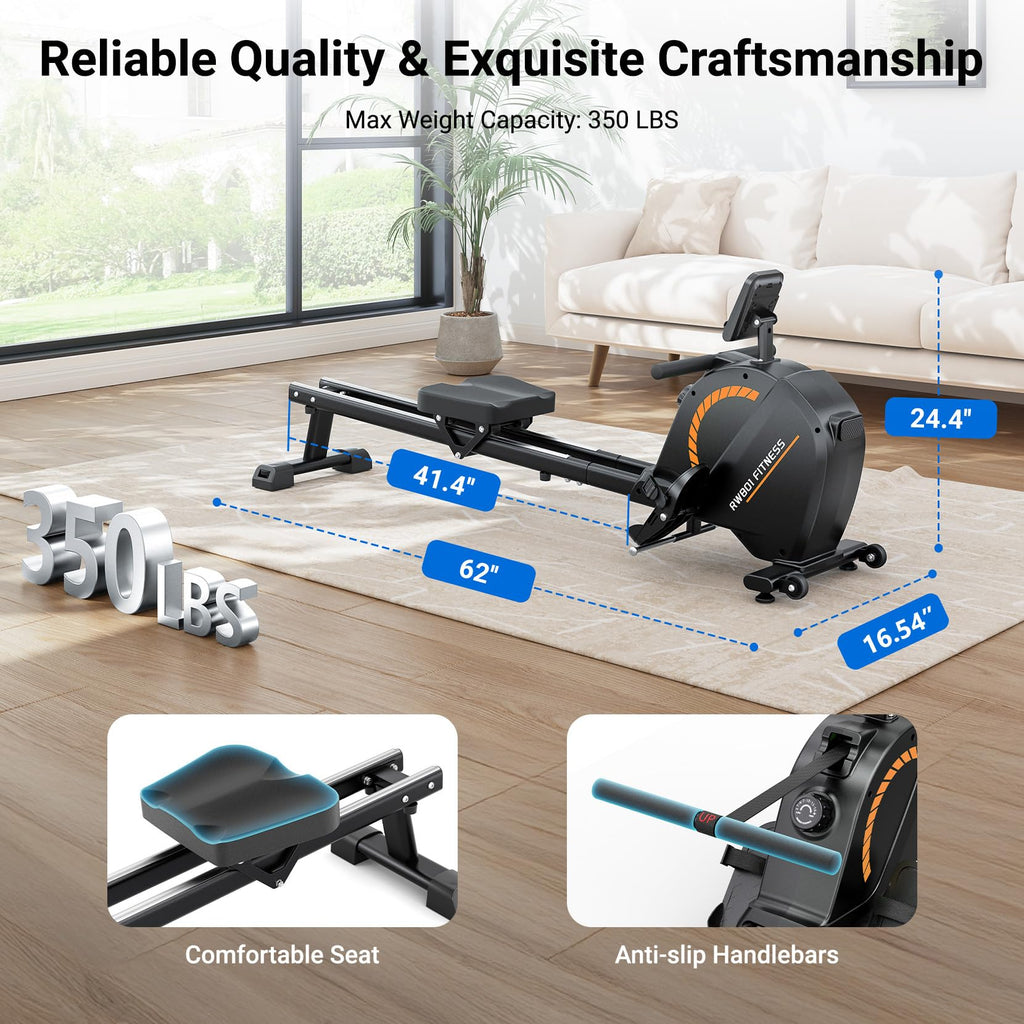 Dripex Rowing Machines for Home Use, Rowing Machine Magnetic Rower, 16 Levels of Workout Resistance, Max 350 LBS, Dual Slide Rai