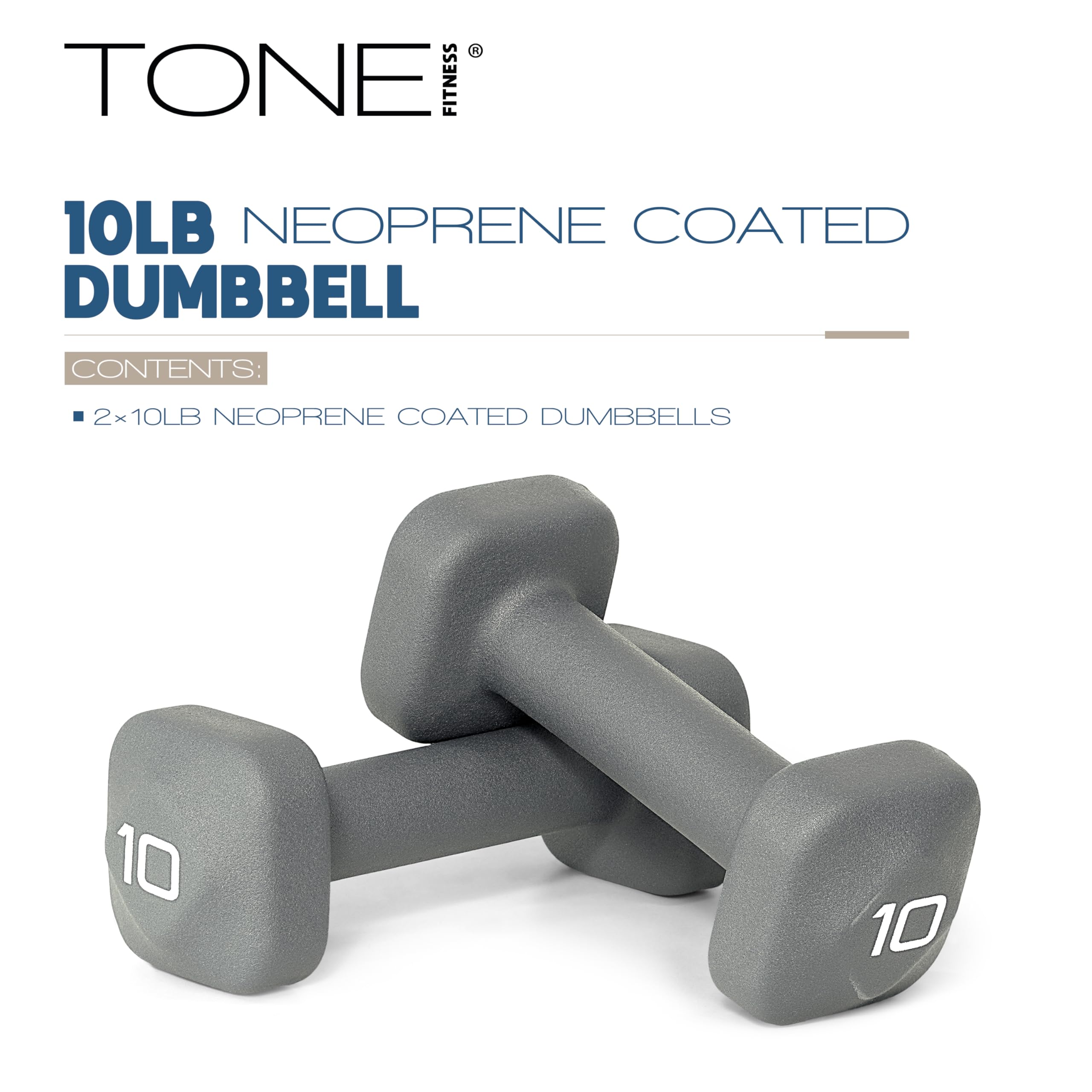 Tone Fitness 10 lb Neoprene Dumbbell Pair for Home Workouts - Non-Slip Design - Gray