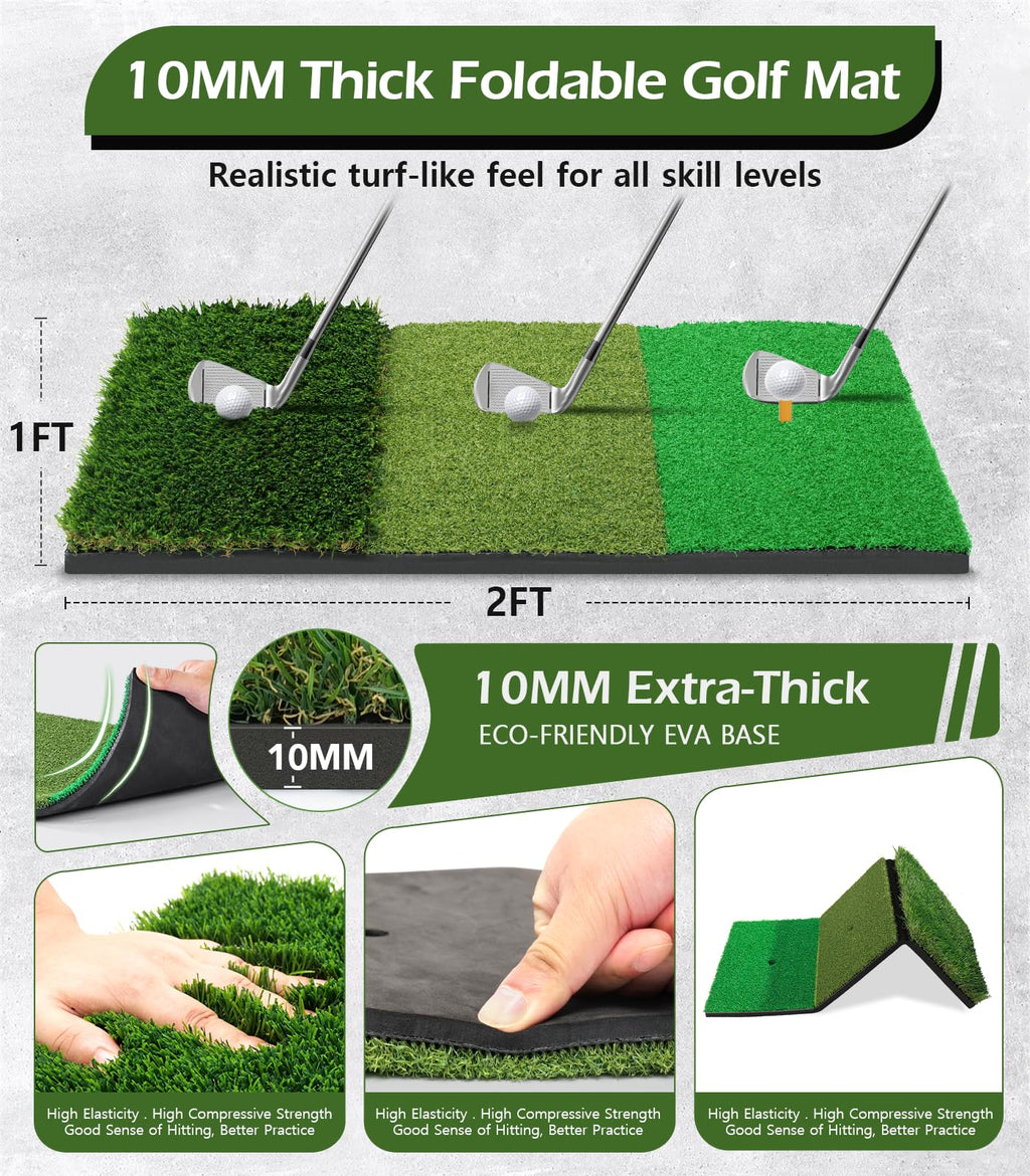 Golf Net, 10X7Ft Home Golf Hitting Aids Equipment With Foldable Tri-Turf Mat For Backyard Driving Chipping Swing With Training T