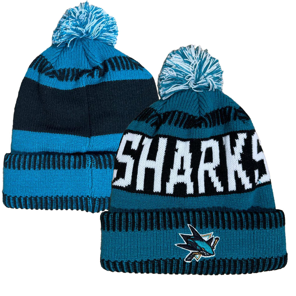 Outerstuff Nhl Kids Youth 8-20 One Size Team Color Primary Logo Sports Tech Knit Cold Weather Hockey Pom Beanie Hat - San Jose S