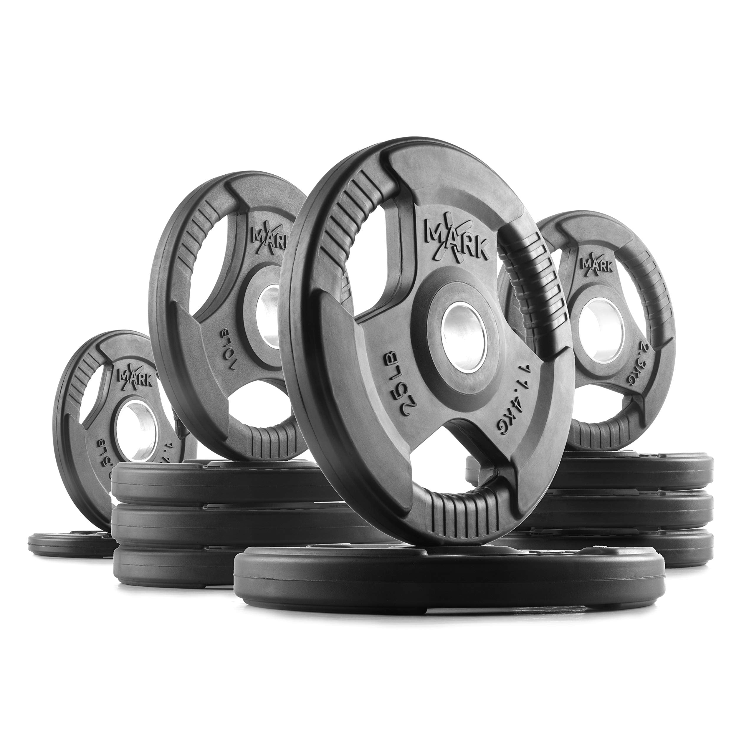 Xmark Tri-Grip 115 Lb One-Year Warranty, Classic Design, Rubber Coated Olympic Weight Plate Set, Olympic Barbell Weight Set For