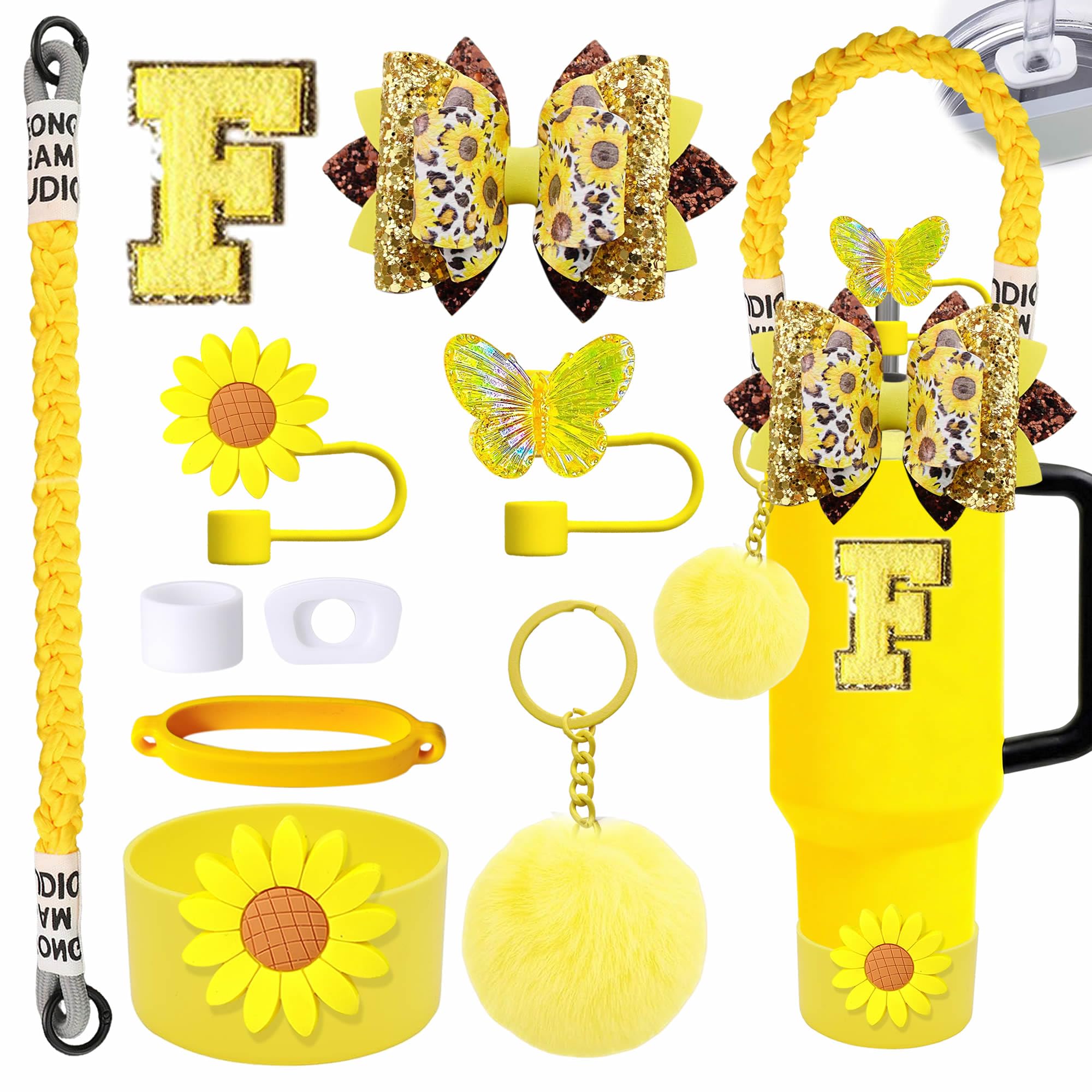 10PCS Yellow Accessory Set for Stanley Cup 30oz/40oz - Handle Strap, Daisy Silicone Boot, Bow & Tumbler Charms, Letter Stickers,