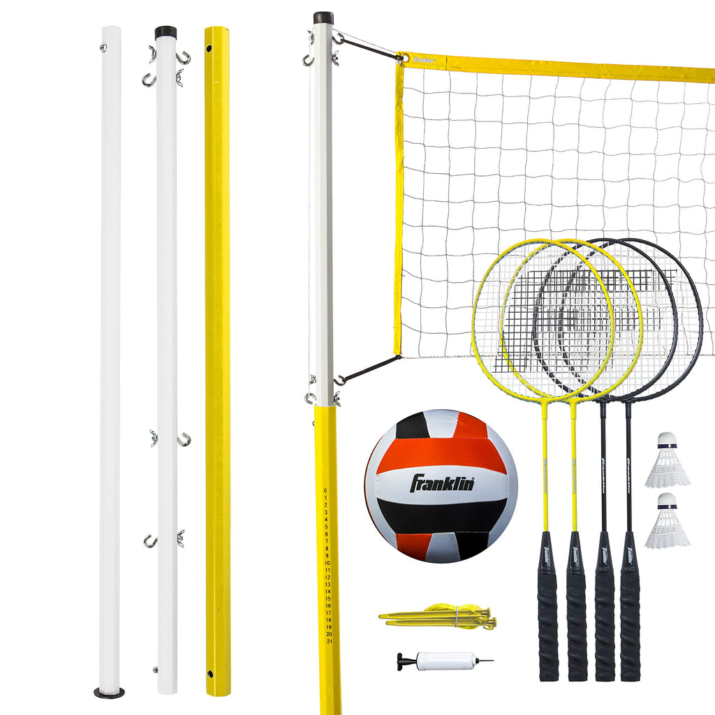 Franklin Sports Family Volleyball & Badminton Combo Set - Portable Backyard + Beach Volleyball + Badminton Net - Volleyball, Rac
