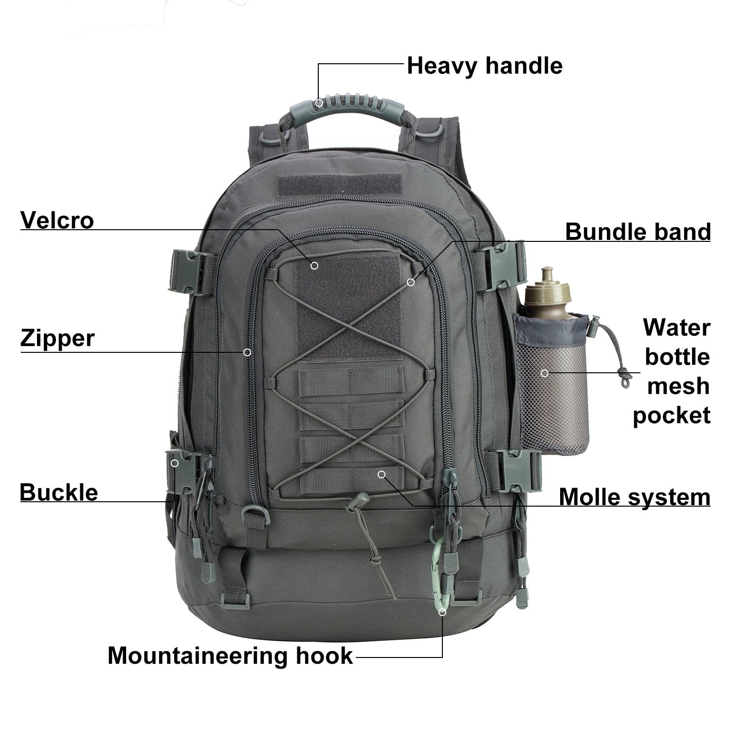 Zseararmy Large Tactical Backpack For Men Military Backpack With Diy System For Travel, Work,Camping,Hunting,Hiking,Sports (Gray