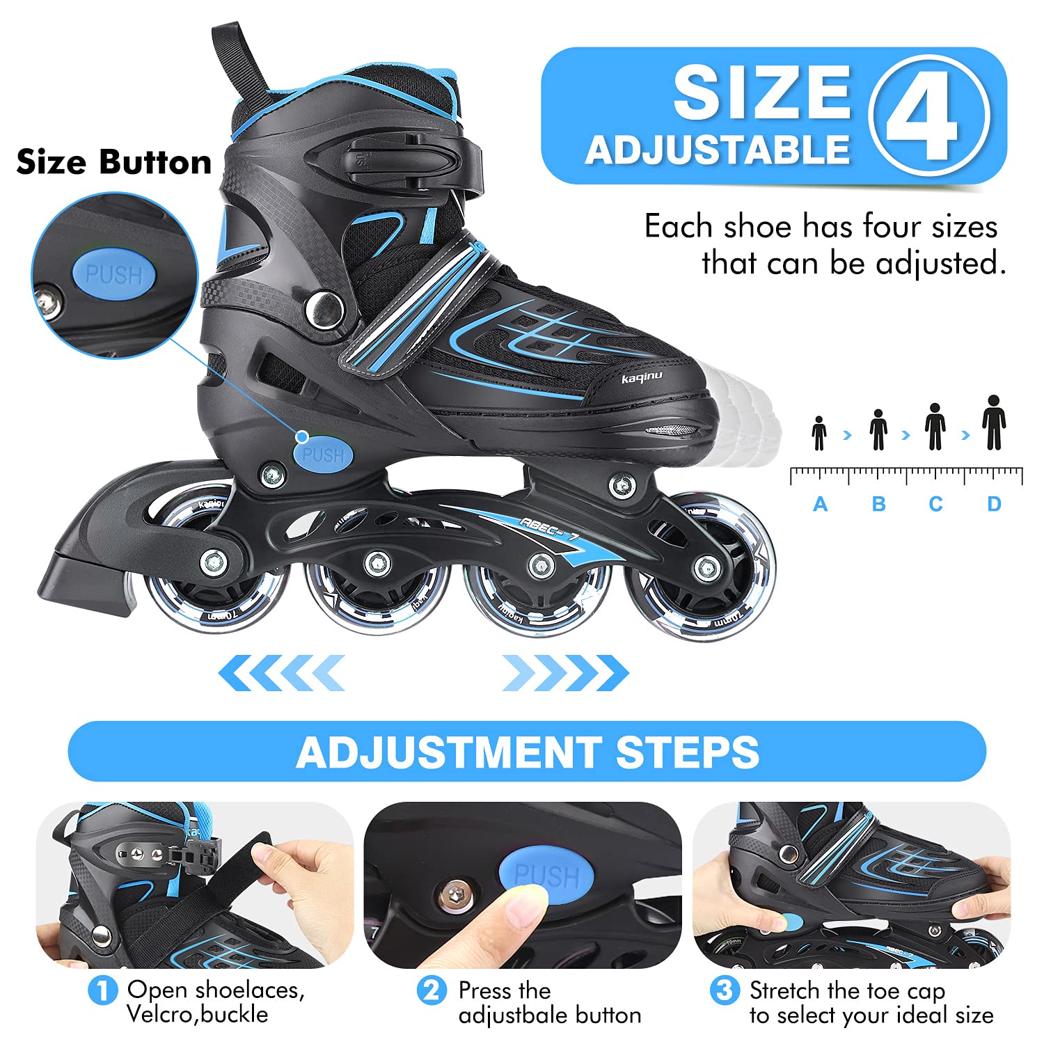 Kaqinu Adjustable Inline Skates, Outdoor Inline Skates With Full Illuminating Wheels For Women, Kids, Girls And Boys (Blue, L)