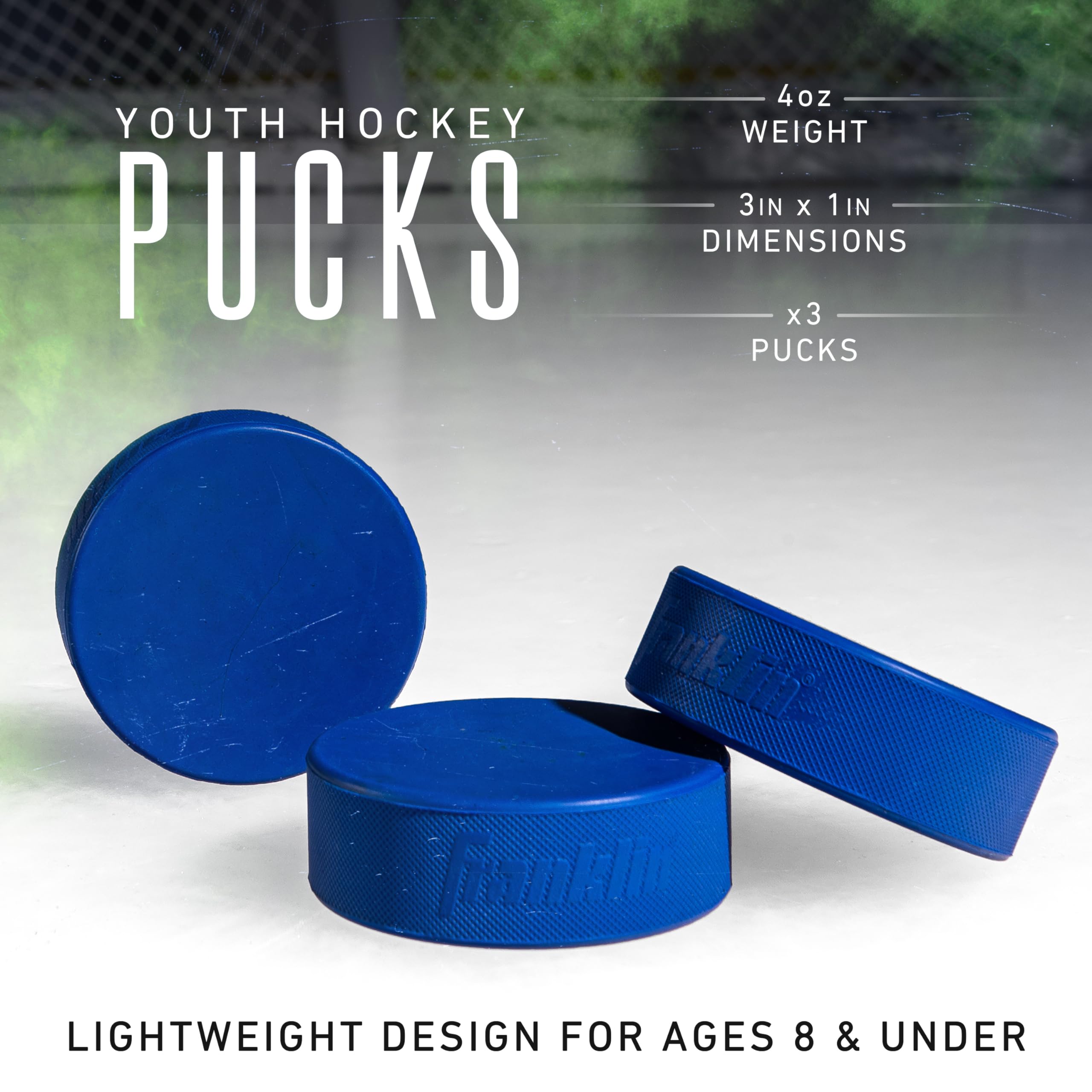 Franklin Sports Ice Hockey Pucks - Blue Rubber Pucks For Ice Hockey - Official Size + Weight - Perfect For Rinks + Synthetic Pad