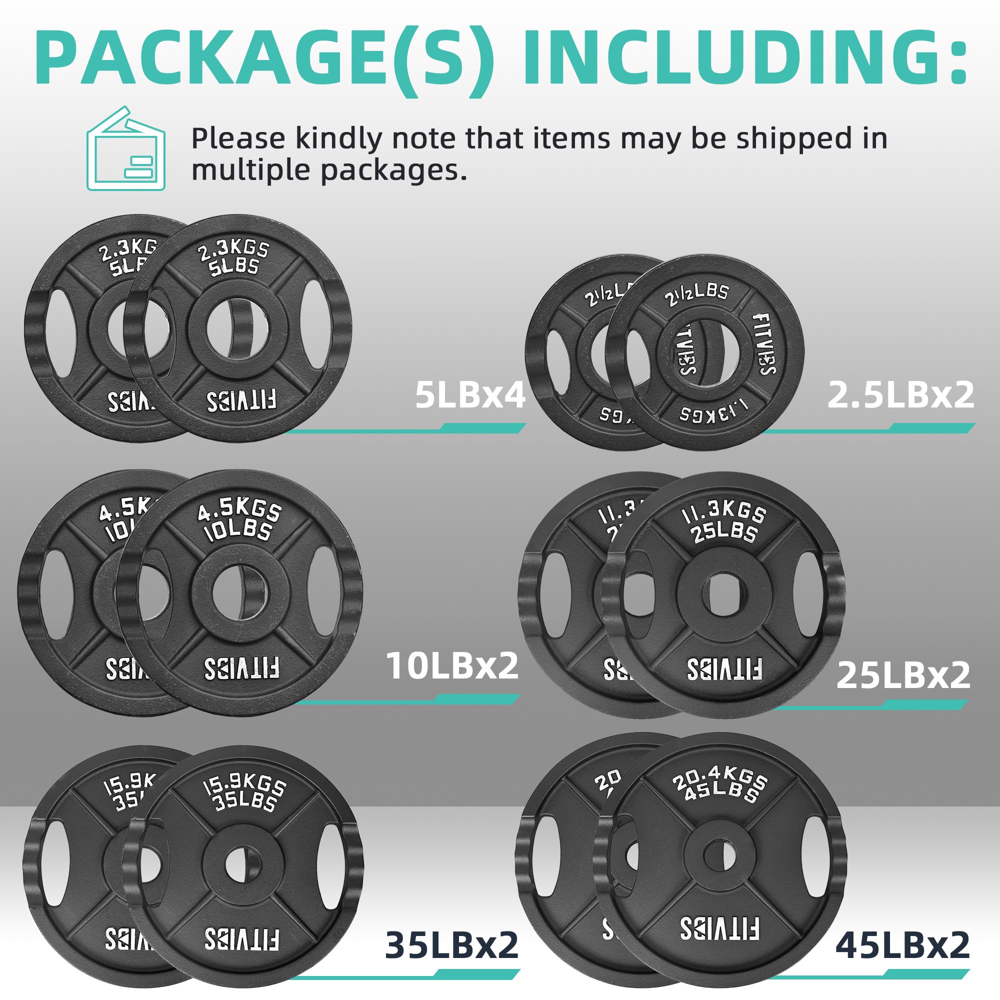 Fitvids Cast Iron 2-Inch Weight Plates for Strength Training & Weightlifting  255 LB, Style B Black