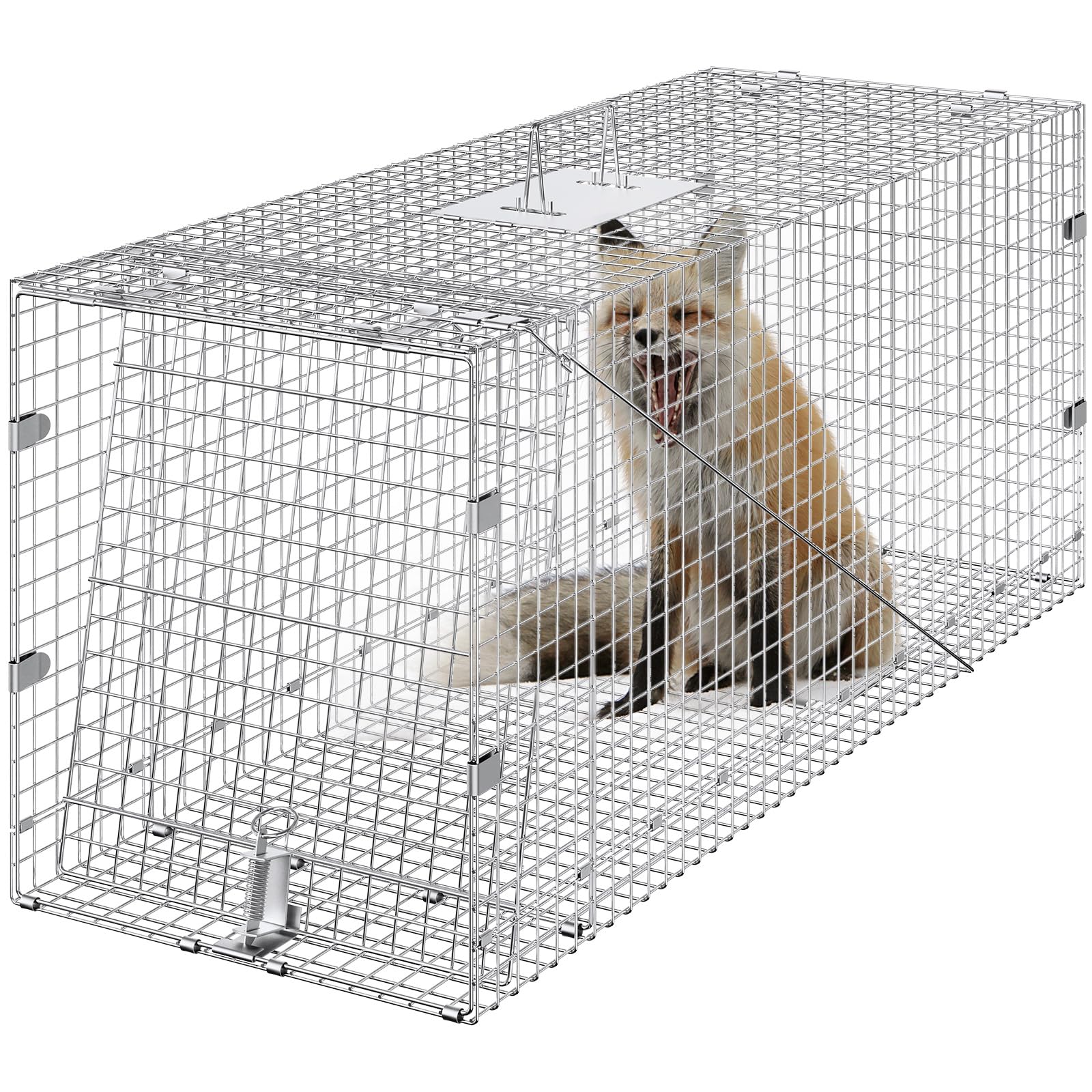 Vevor Live Animal Cage Trap, 50'' X 20'' X 26'' Humane Cat Trap Galvanized Iron, Folding Animal Trap With Handle For Stray Dogs,