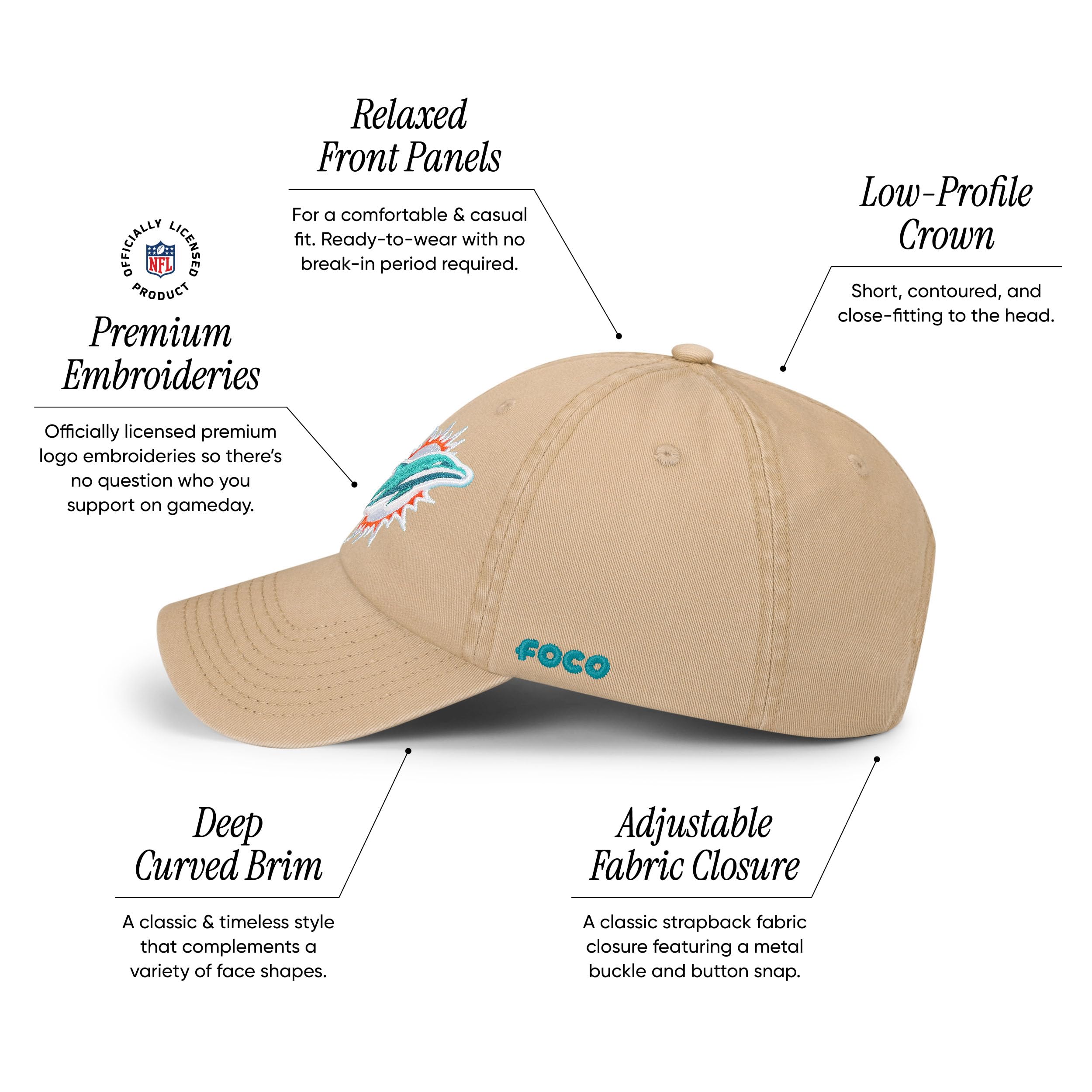 Foco Men'S Miami Dolphins-Khaki Cap Nfl Logo Casual Hat, Team Color
