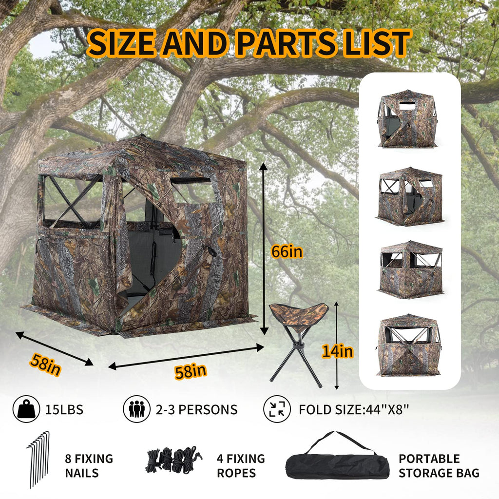 Funhorun Hunting Blind 270 Degree See Through Ground Blind For Hunting, 2/3 Person Pop Up Camouflage Tent For Deer And Turkey, P