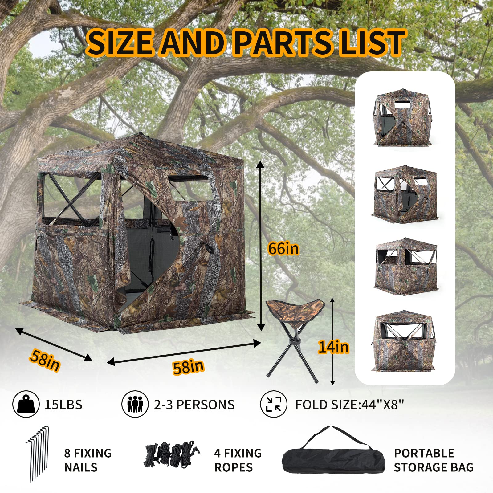 Funhorun Hunting Blind 270 Degree See Through Ground Blind For Hunting, 2/3 Person Pop Up Camouflage Tent For Deer And Turkey, P