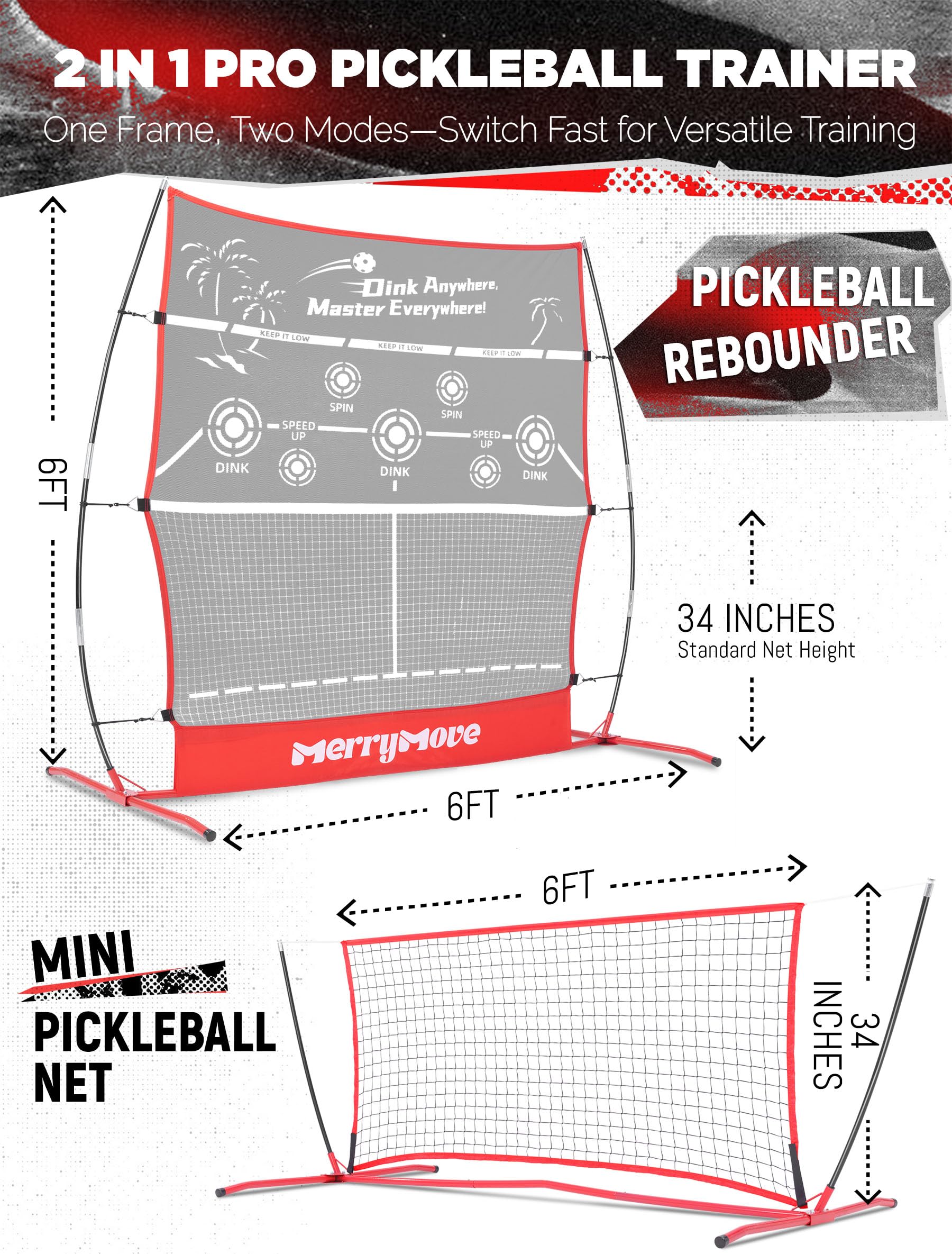 Merrymove Pickleball Practice Rebounder For Training: Red Pickle Ball Net Training Equipment For Solo Practice - 6Ft Mini Pickle
