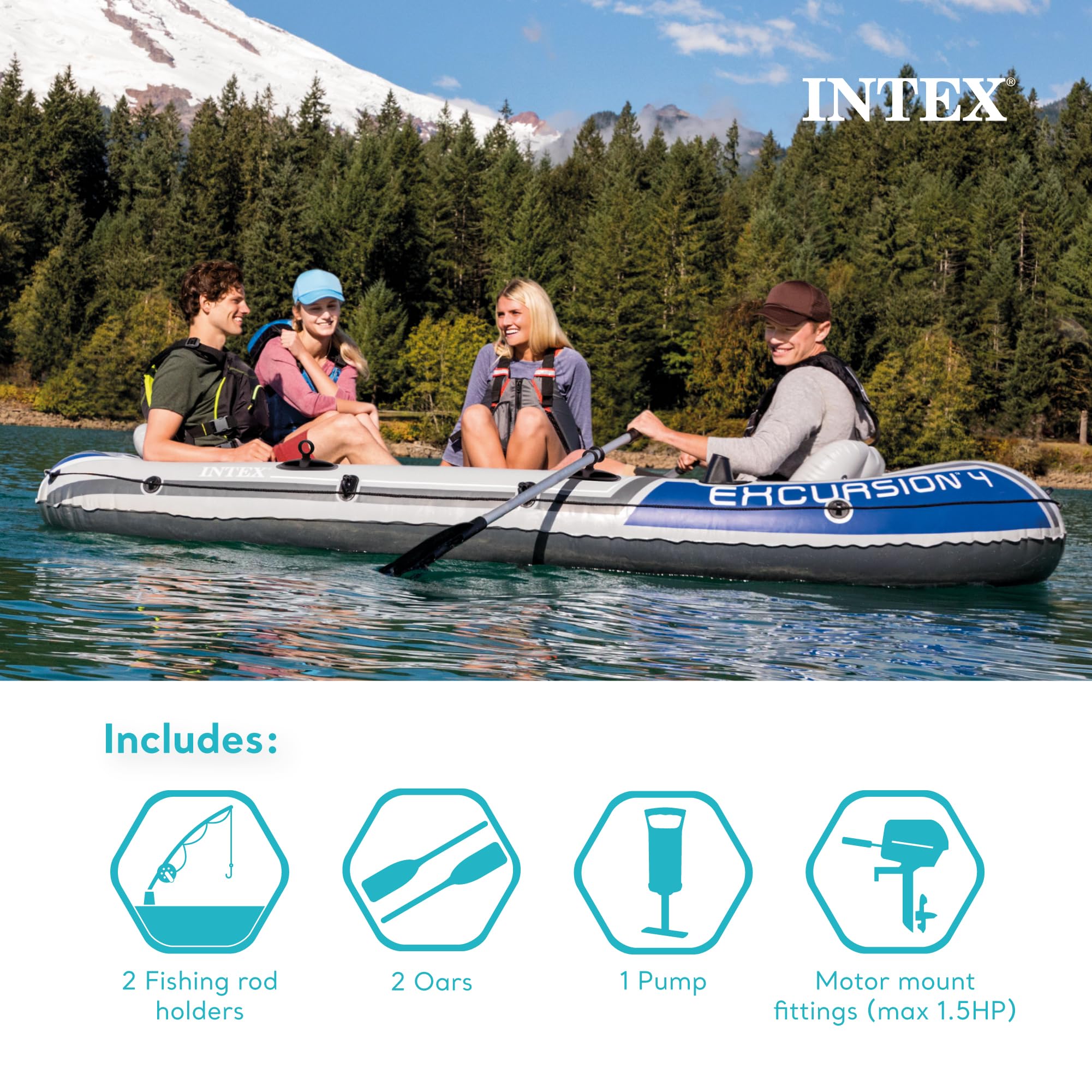 Intex 68324Ep Excursion 4 Inflatable Boat Set: Includes Deluxe 54In Aluminum Oars And High-Output Pump - Adjustable Seats With B