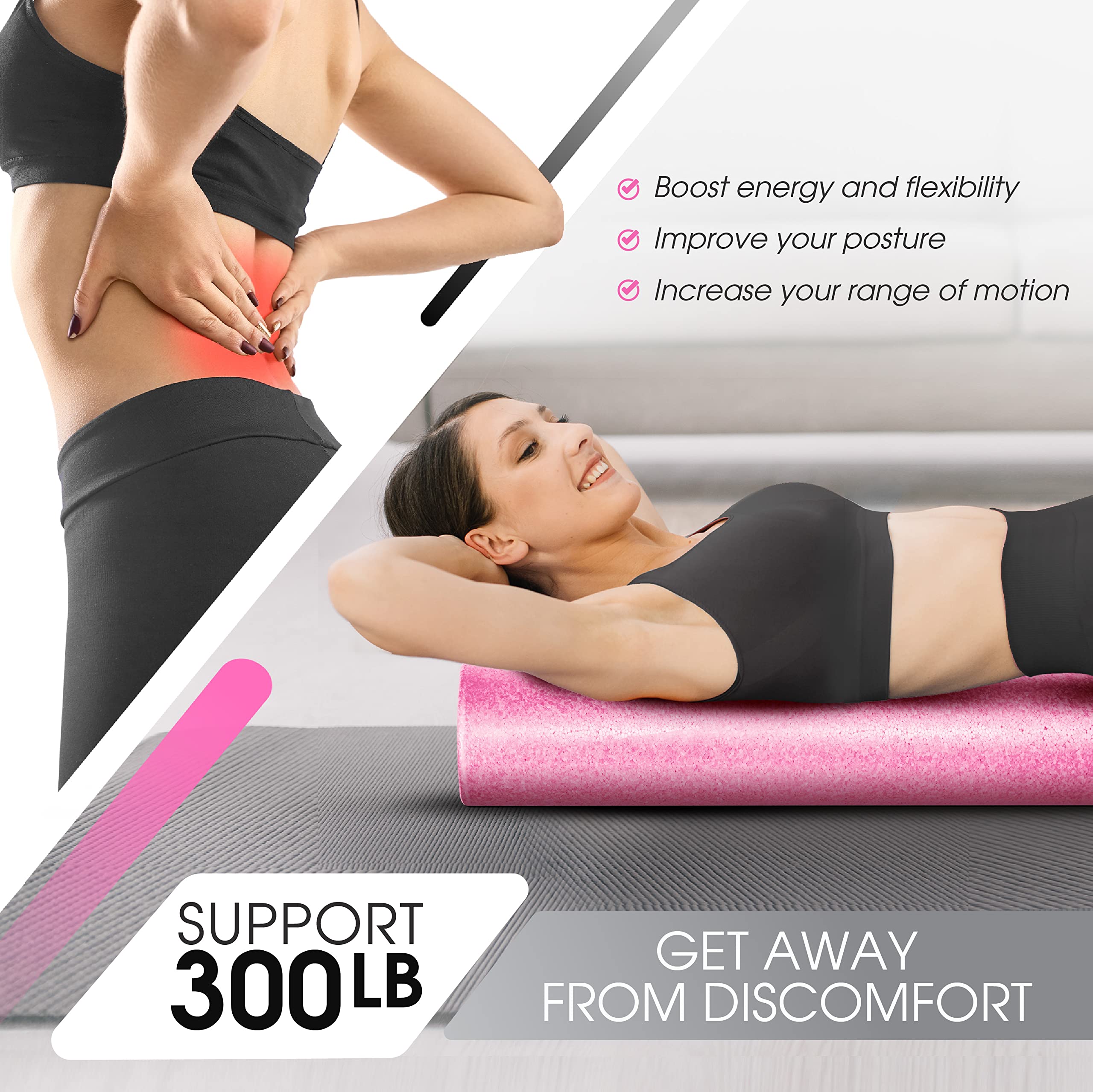 Yes4All High Density Foam Roller For Back, Variety Of Sizes & Colors For Yoga, Pilates - Fuschia Rose - 18 Inches