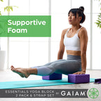 Gaiam Yoga Block 2 Pack & Yoga Strap Combo Set - Yoga Blocks With Strap, Pilates & Yoga Props To Help Extend & Deepen Stretches,