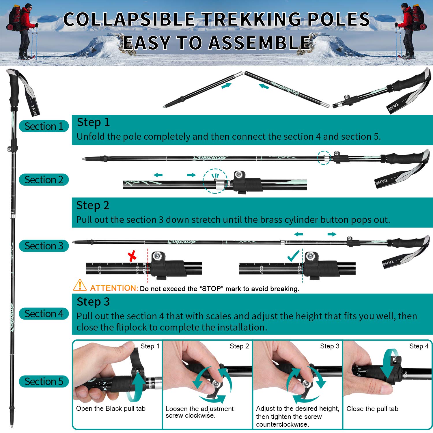 Esup Trekking Poles Collapsible For Hiking Aluminum Alloy 7075 Hiking Poles 2Pc Pack Adjustable Quick Lock For Hiking, Camping,