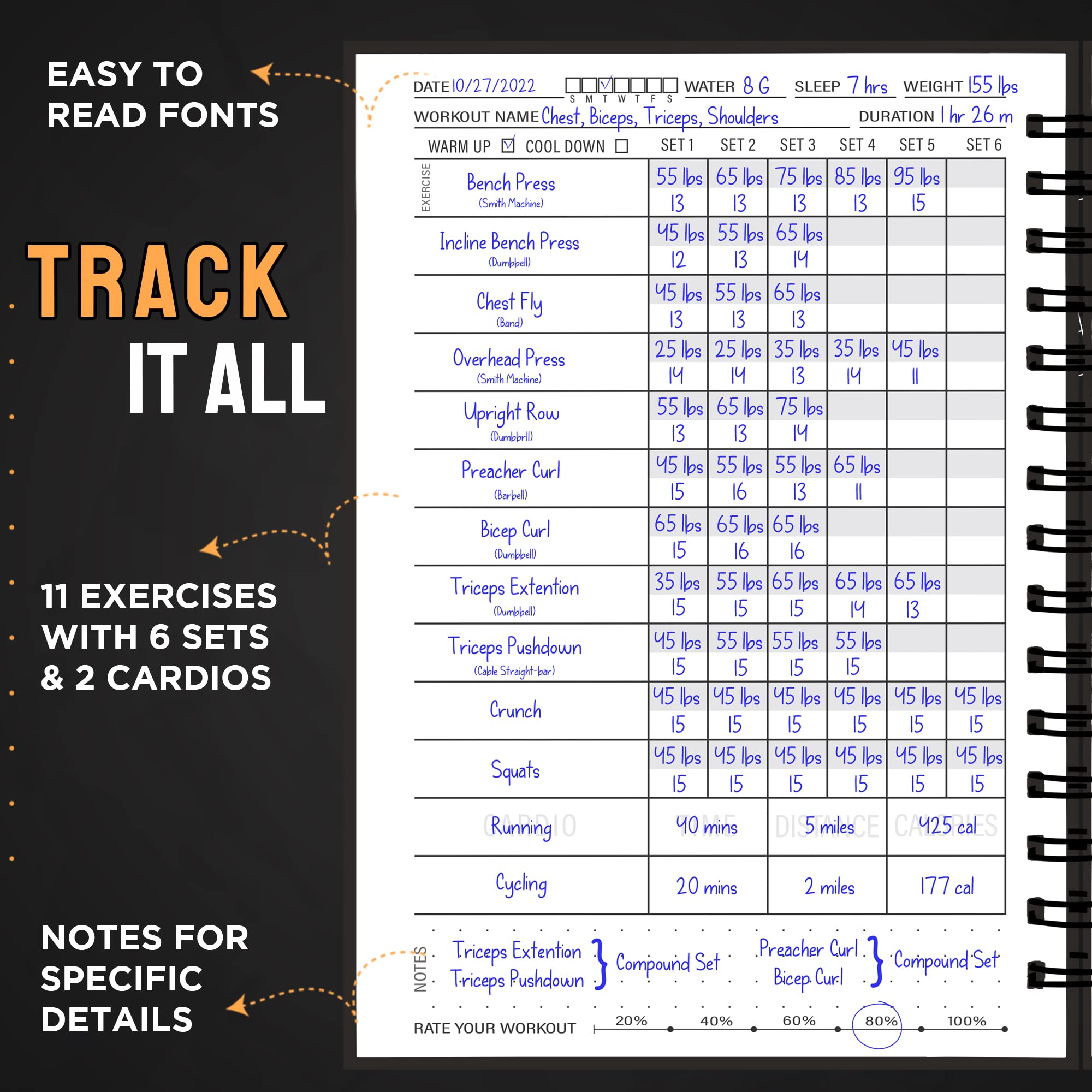 Hardcover Fitness Planner Workout Journal For Men & Women - A5 Sturdy Fitness Log Book To Track Gym & Home Workouts - Separately