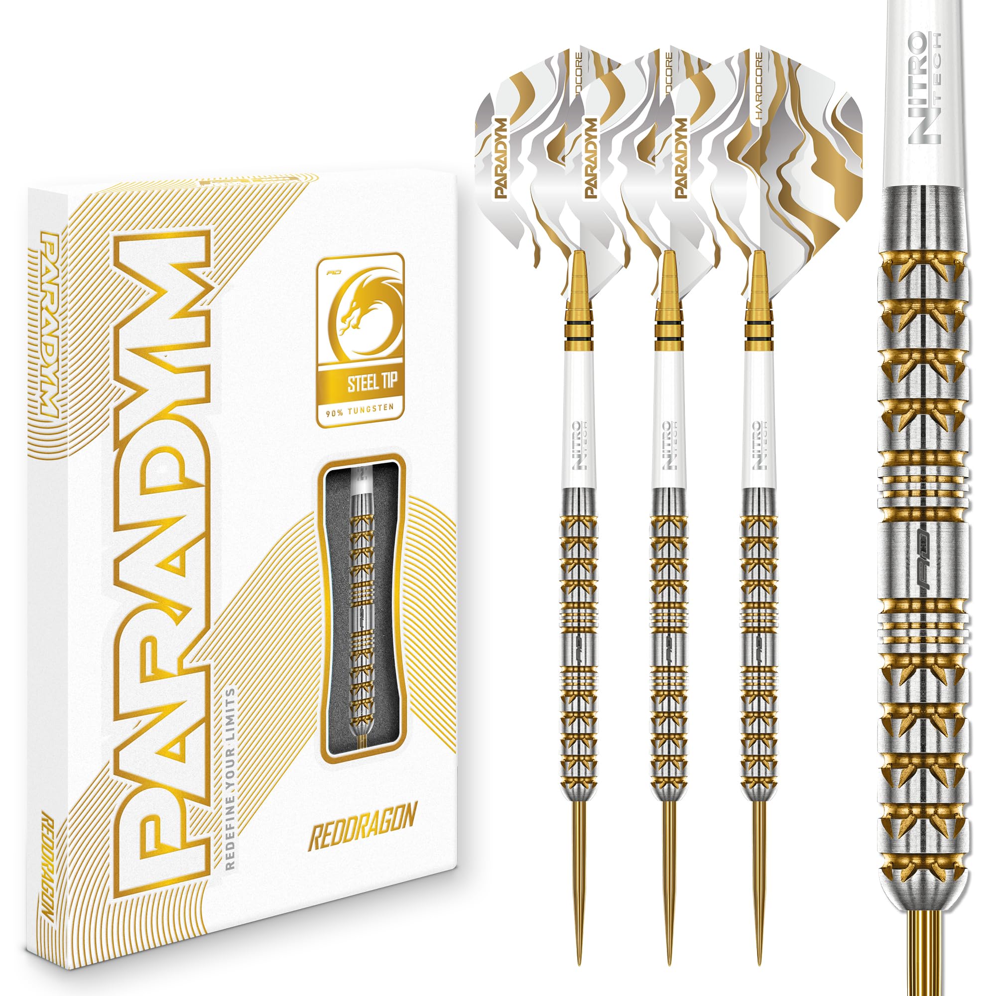 RED DRAGON Paradym Gold Series 22g Steel Tip Darts Set - 90% Tungsten Parallel Barrels, Paradym Flights & Nitro Tech Shafts - Go