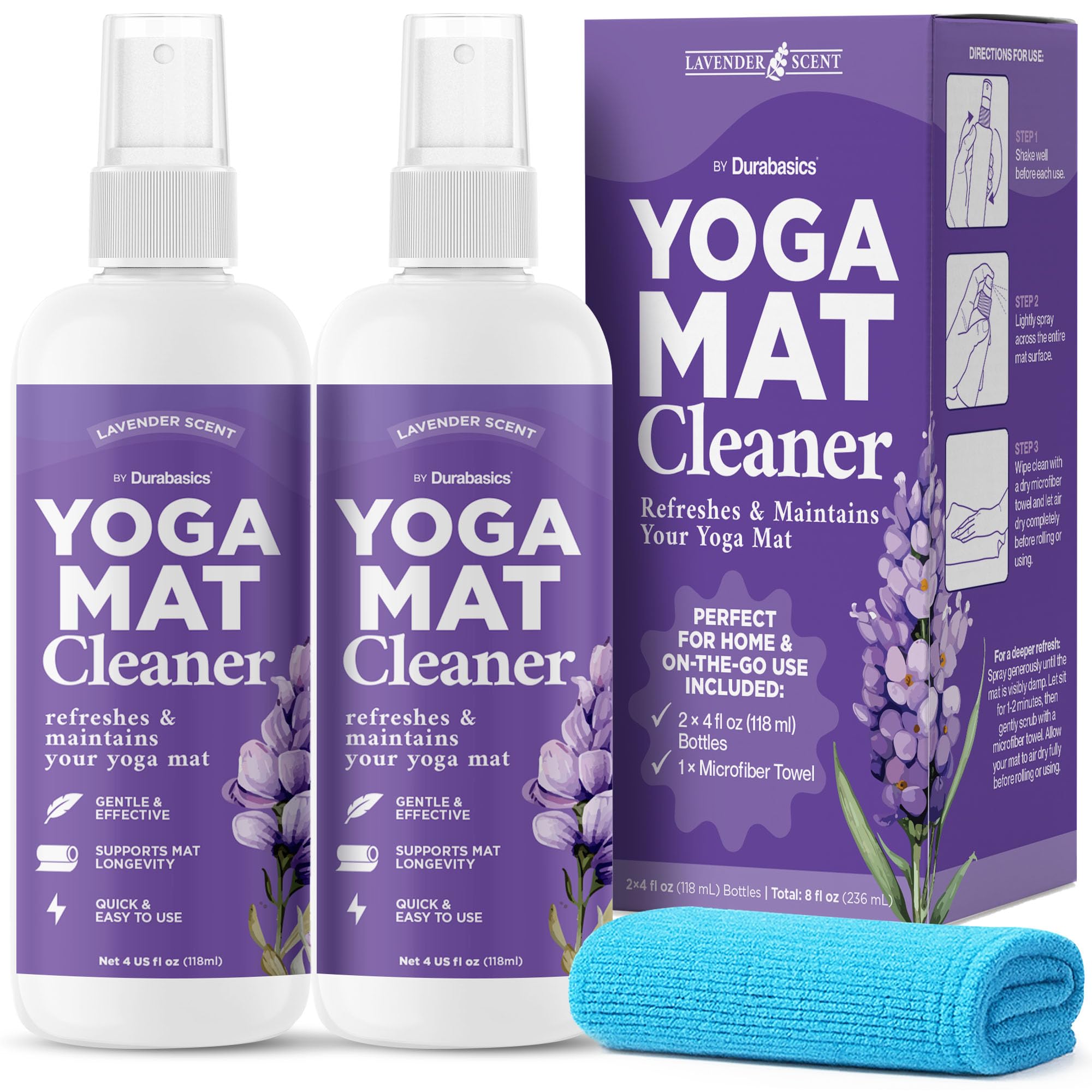 Durabasics Yoga Mat Cleaner Spray - Lavender Scent - 2 Pack (4 oz Each) with Microfiber Towel - Mat Spray Cleaner for Sweat & Od