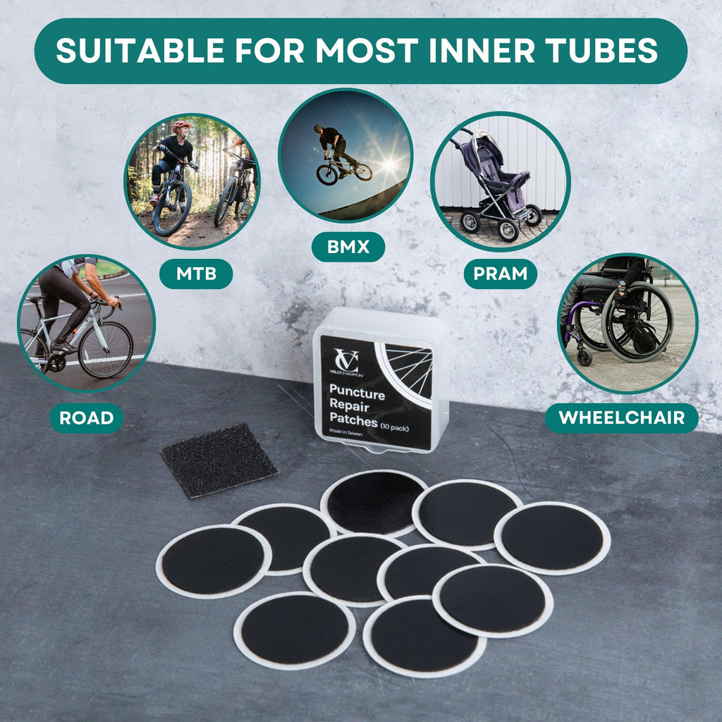 Velochampion Lightweight Bike Puncture Repair Glueless Self-Adhesive Patches Kit (10 Pack)