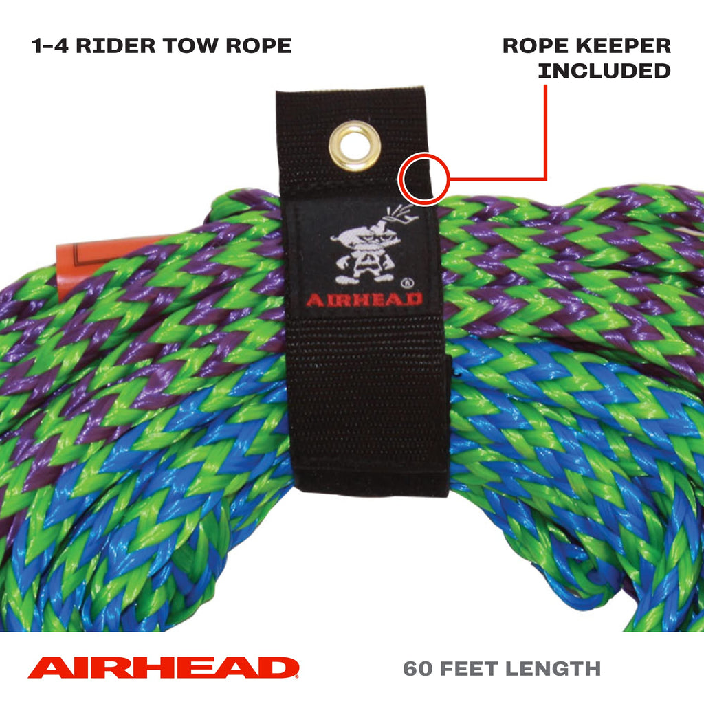 Airhead 2 Section Tow Rope, 1-4 Rider Towable Tube Compatible, Dual Sections, 4,150Lb Break Strength, 50 Ft And 60 Ft Options, K