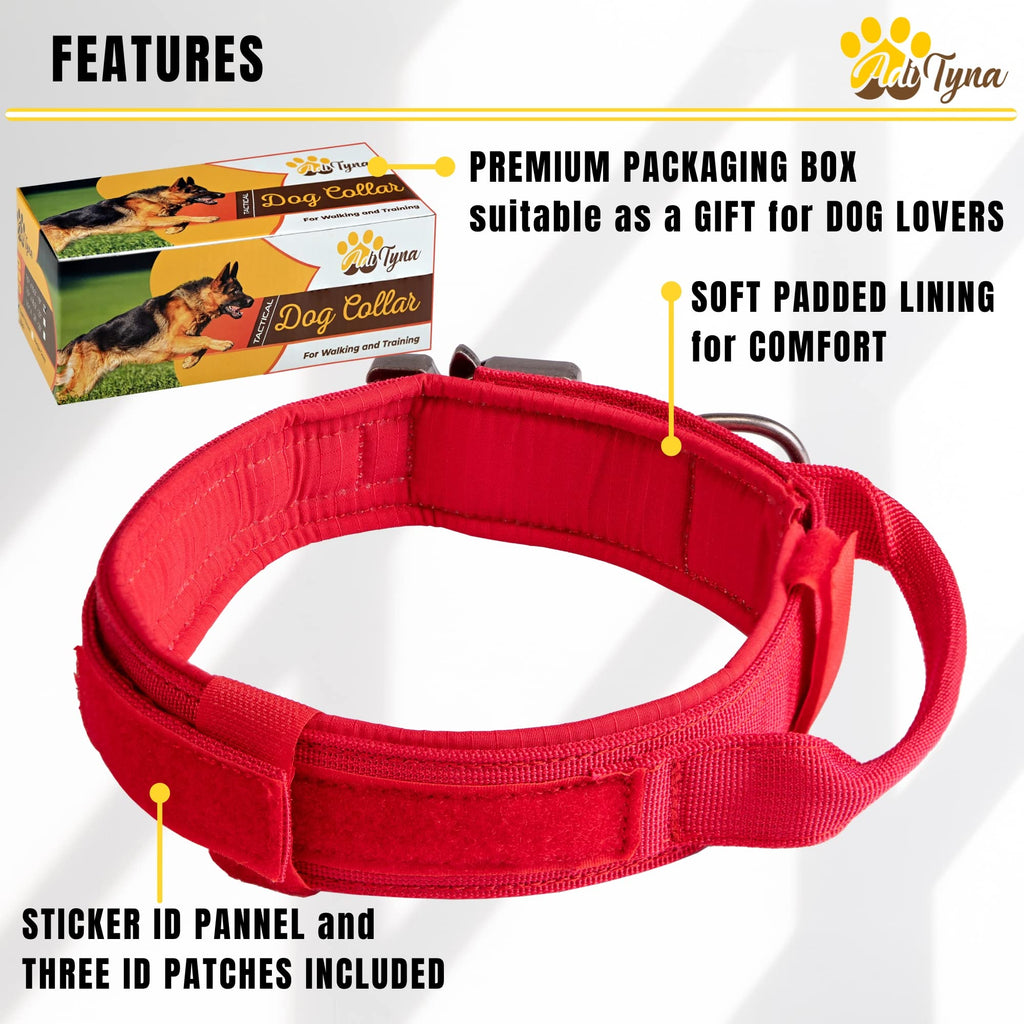 Adityna Heavy-Duty Tactical Dog Collar With Handle - Red Dog Collar For Extra-Large Dogs - Wide, Thick, Adjustable, Soft Padded